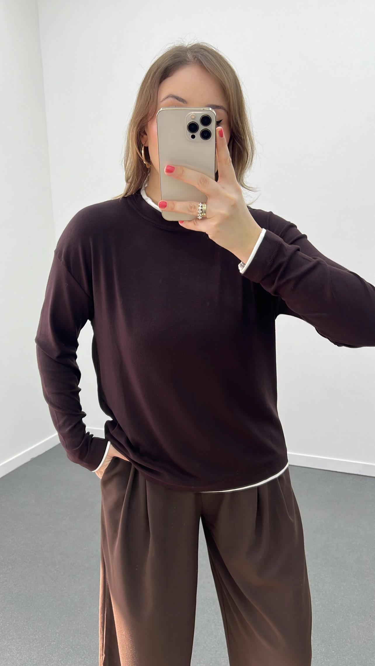 Massi Kahve Çift Katlı %100 Pamuk Yumuşak Likralı Sweat