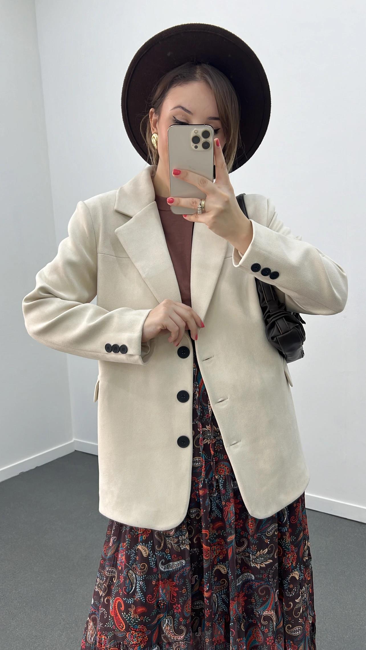 Massi Krem Premium Süet Blazer Ceket