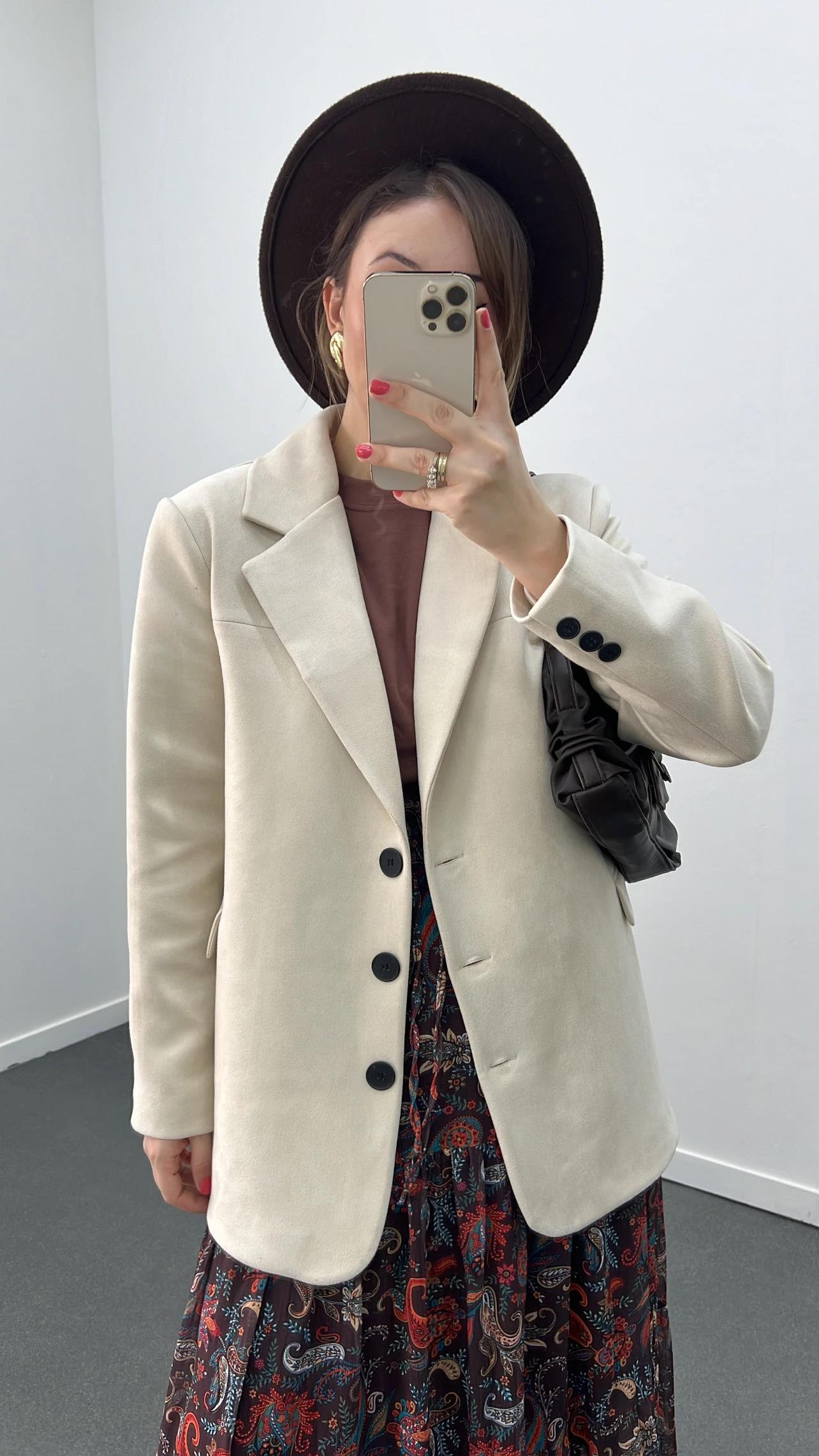 Massi Krem Premium Süet Blazer Ceket