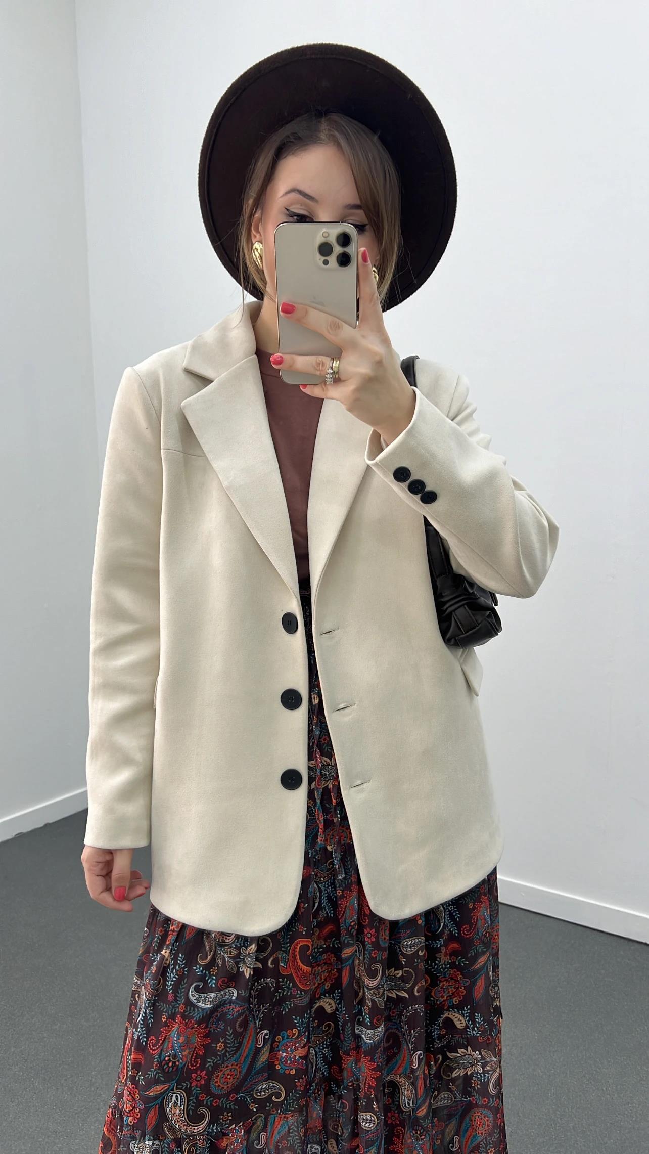 Massi Krem Premium Süet Blazer Ceket