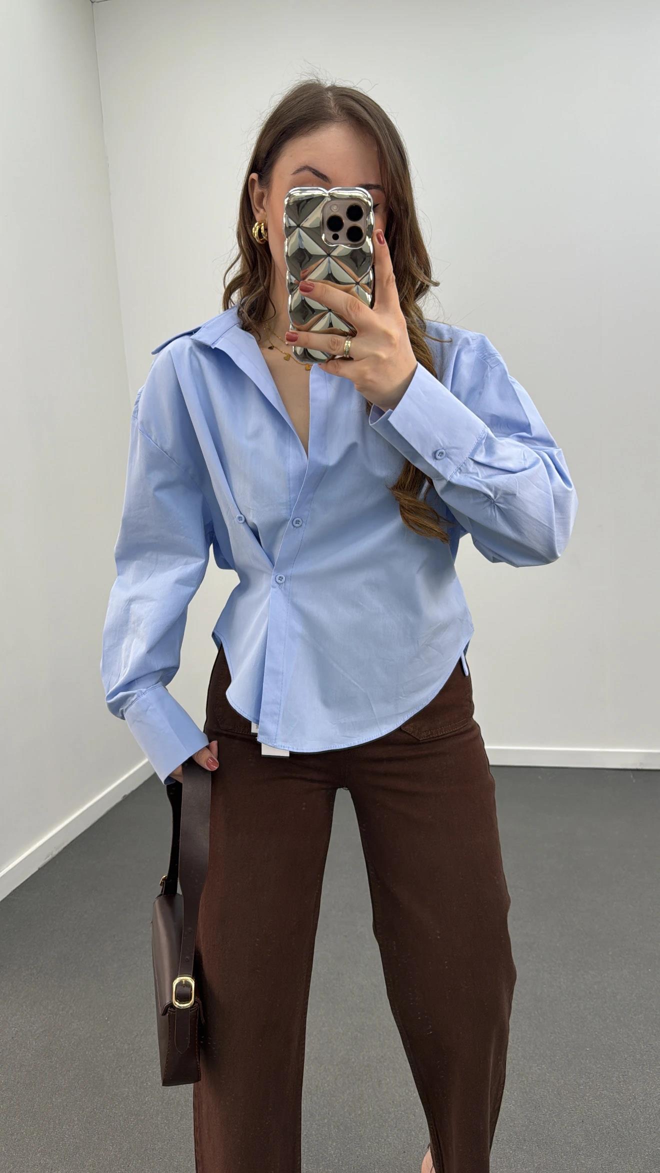 Massi Mavi 4 Düğmeli Tasarım Gömlek