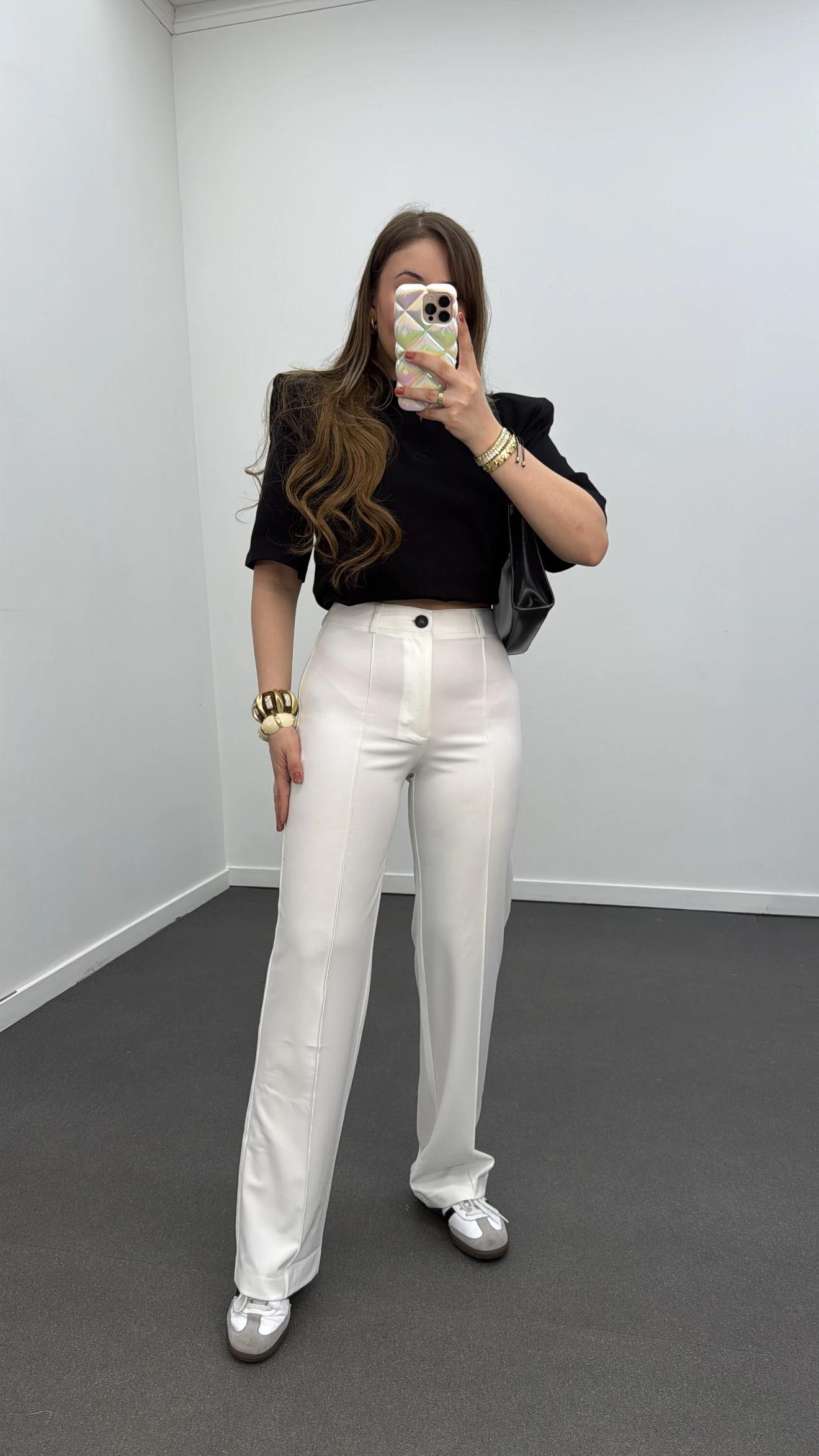 Meg Beyaz Nervür Dikişli Palazzo Kumaş Pantolon