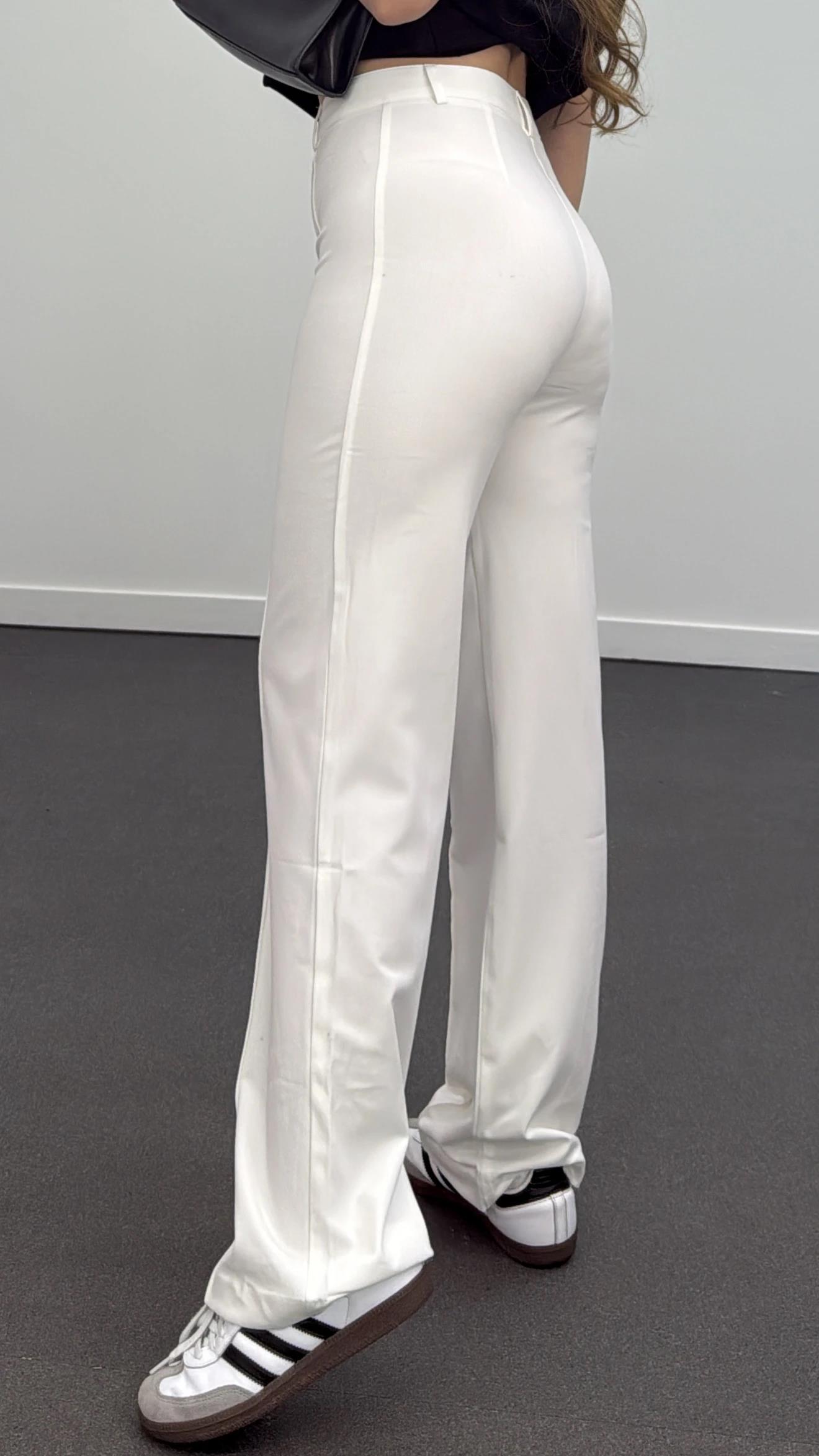 Meg Beyaz Nervür Dikişli Palazzo Kumaş Pantolon