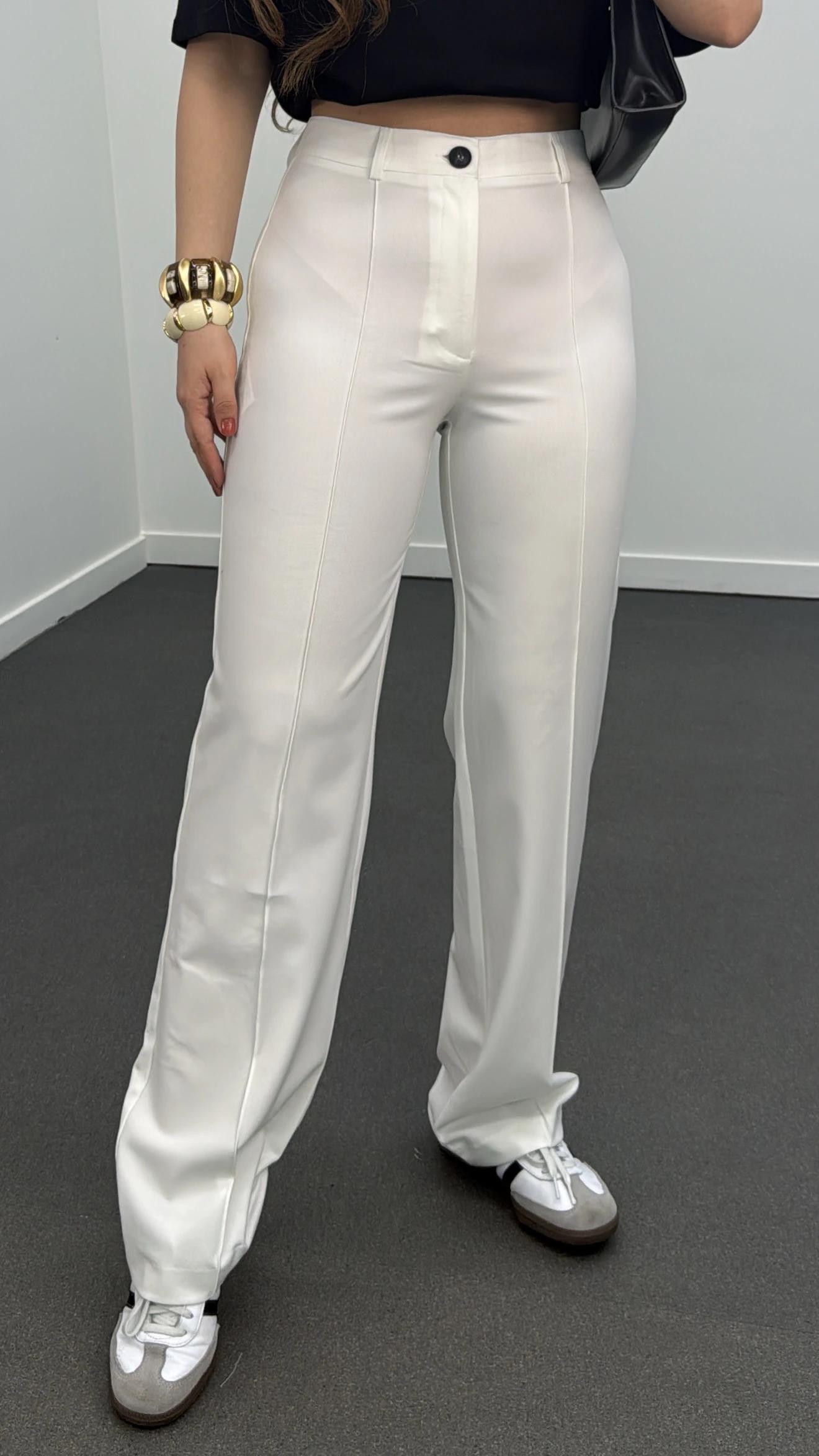 Meg Beyaz Nervür Dikişli Palazzo Kumaş Pantolon