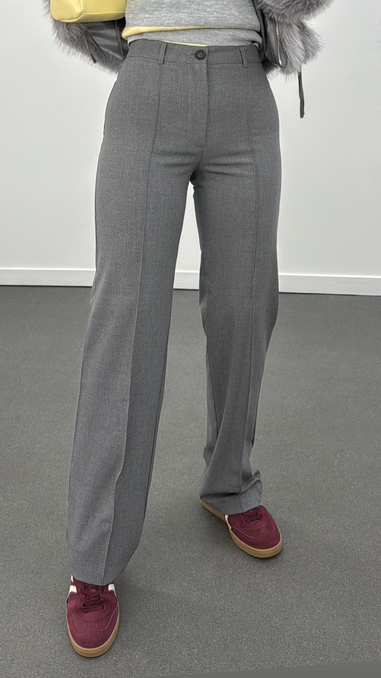 Meg Gri Nervür Dikişli Palazzo Kumaş Pantolon