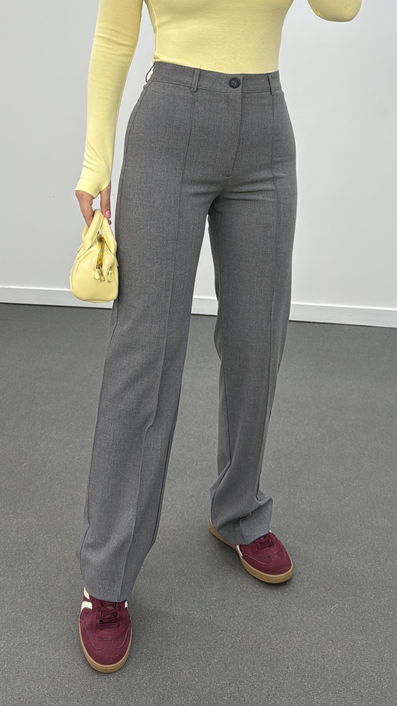 Meg Gri Nervür Dikişli Palazzo Kumaş Pantolon