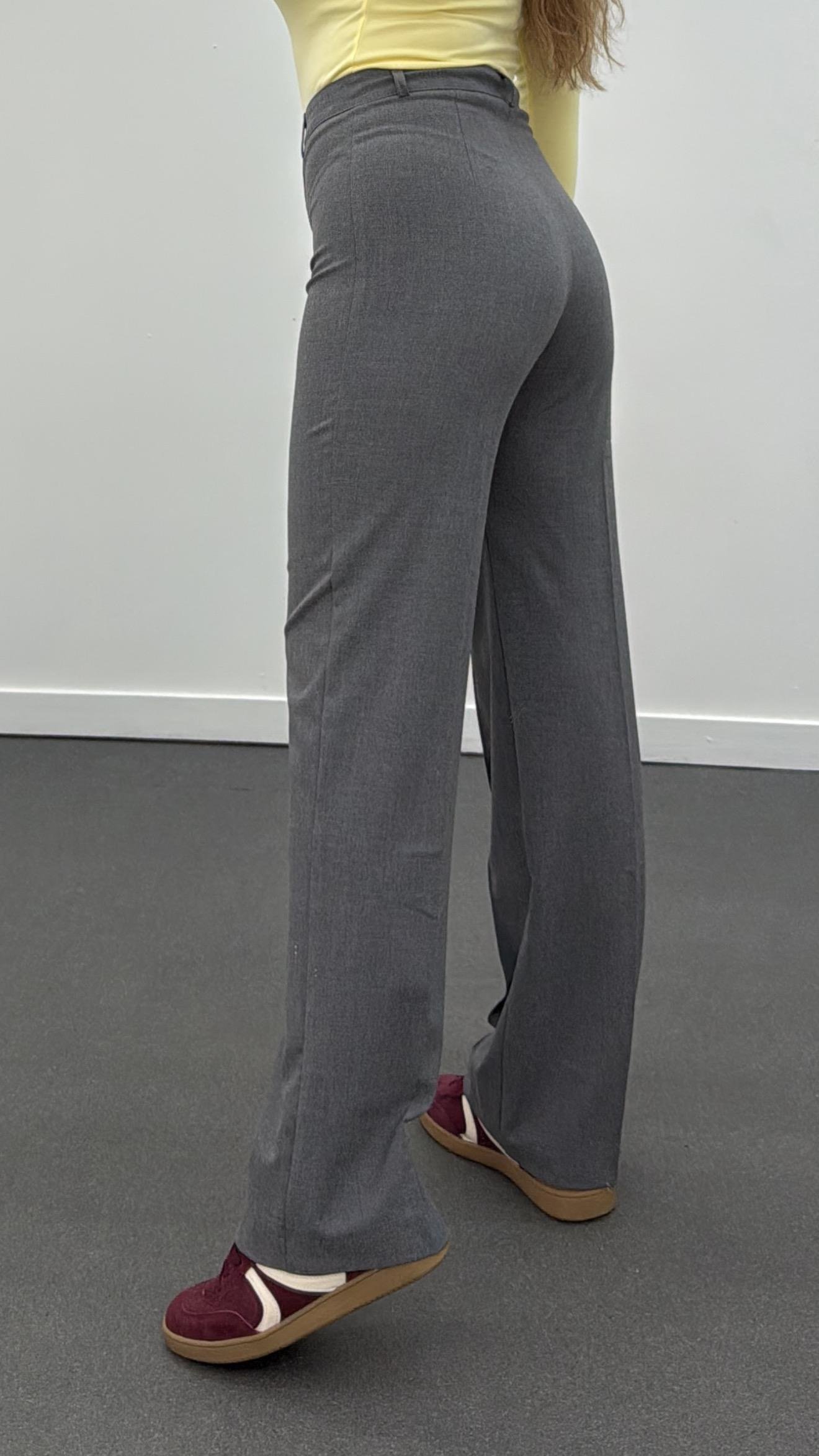 Meg Gri Nervür Dikişli Palazzo Kumaş Pantolon