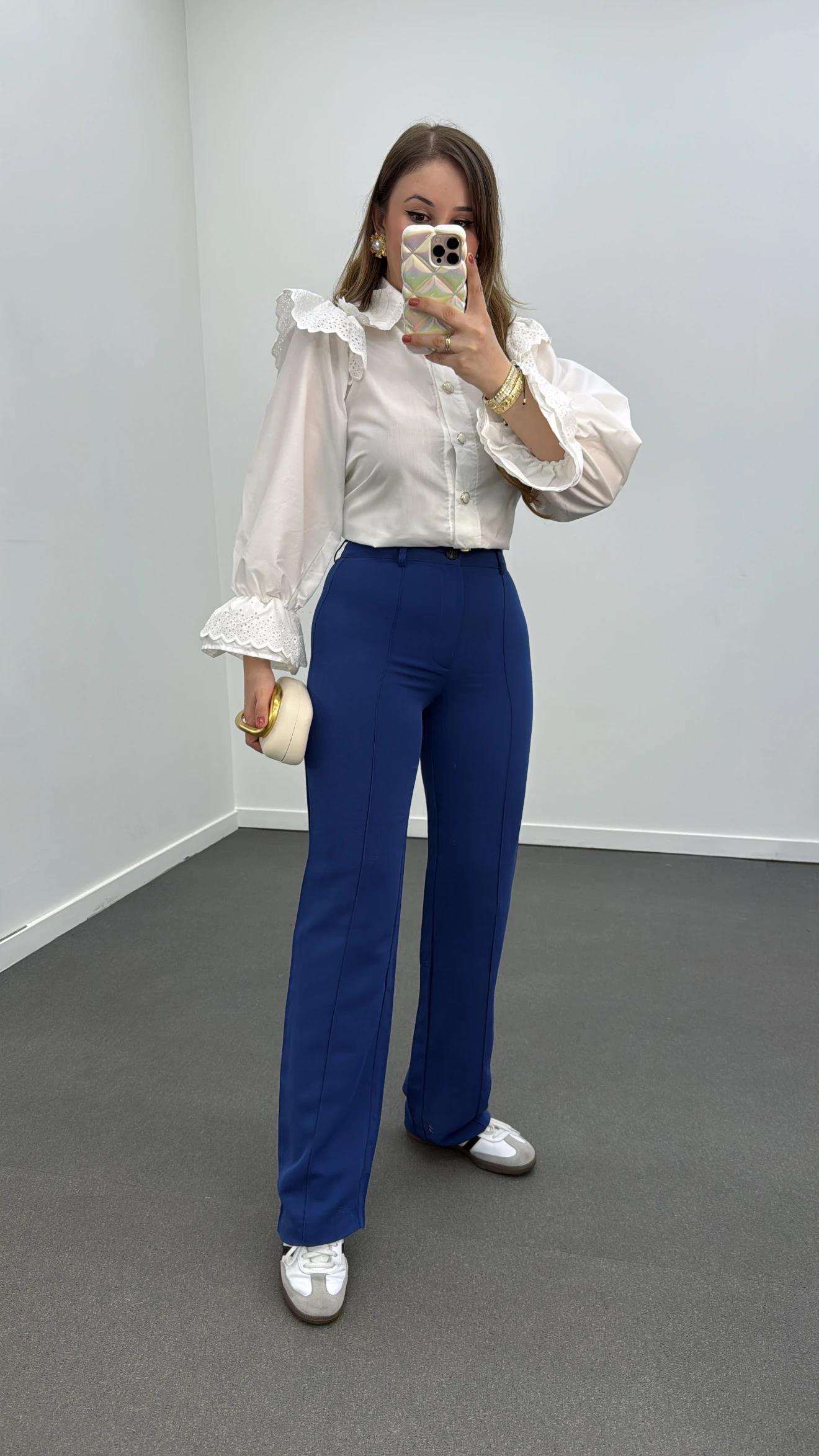 Meg İndigo Mavi Nervür Dikişli Palazzo Kumaş Pantolon