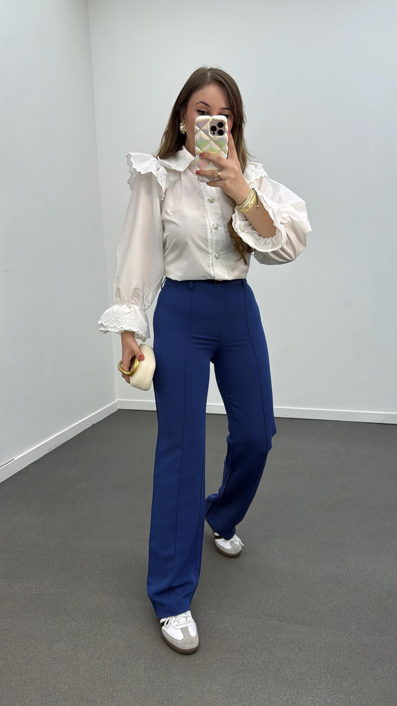 Meg İndigo Mavi Nervür Dikişli Palazzo Kumaş Pantolon