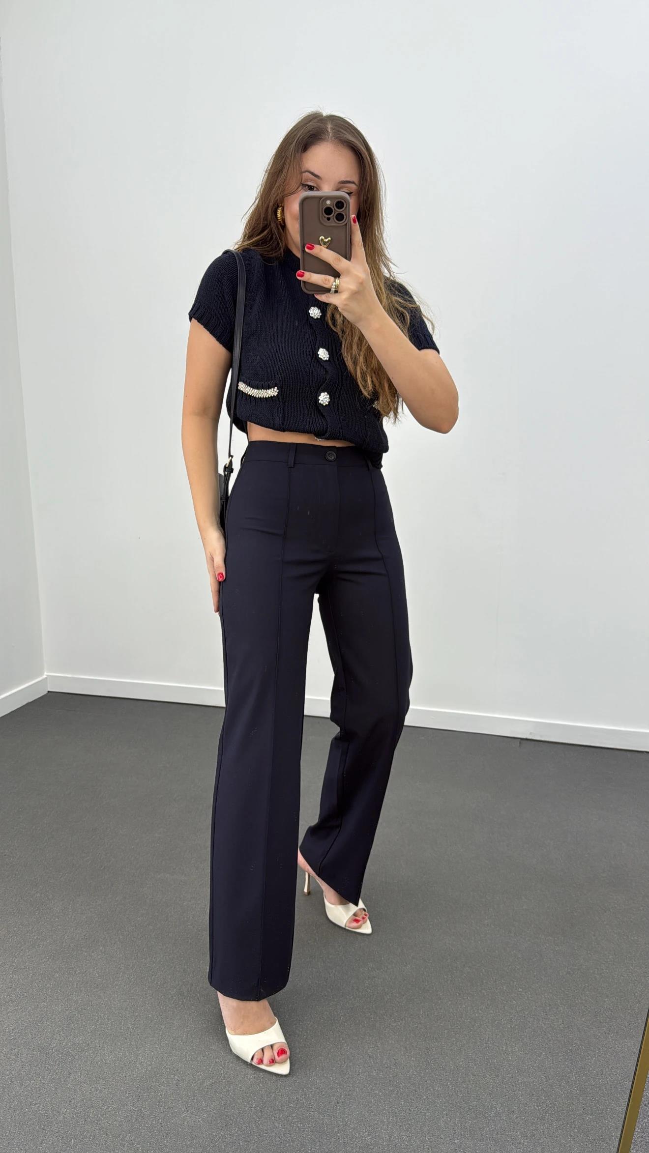 Meg Lacivert Nervür Dikişli Palazzo Kumaş Pantolon