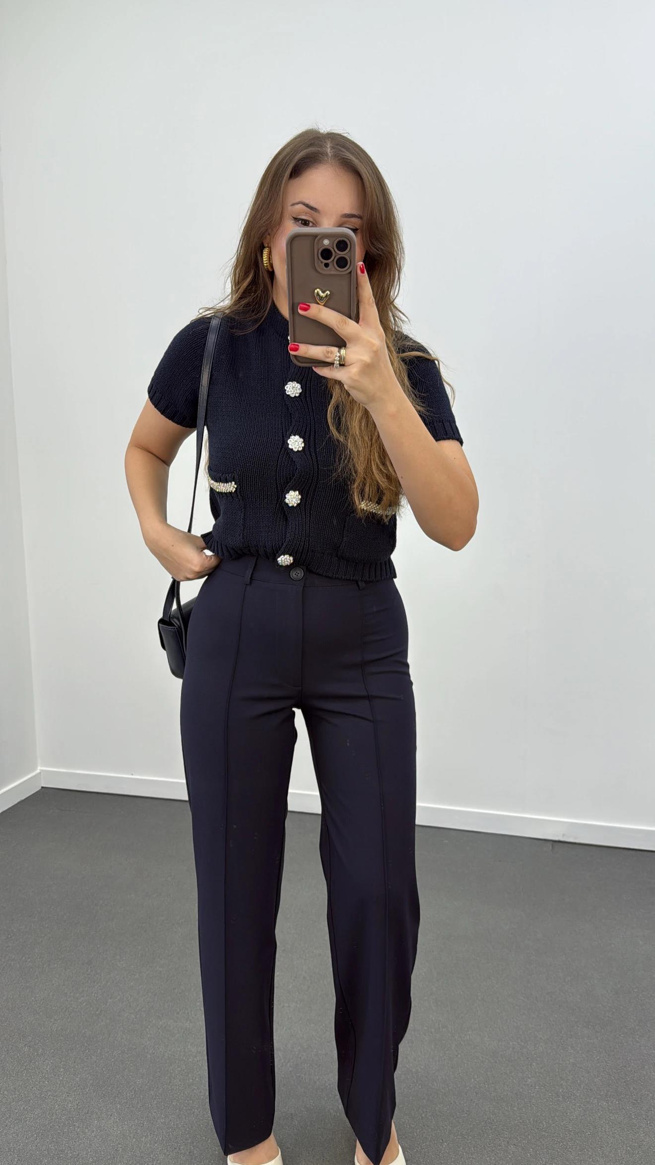 Meg Lacivert Nervür Dikişli Palazzo Kumaş Pantolon