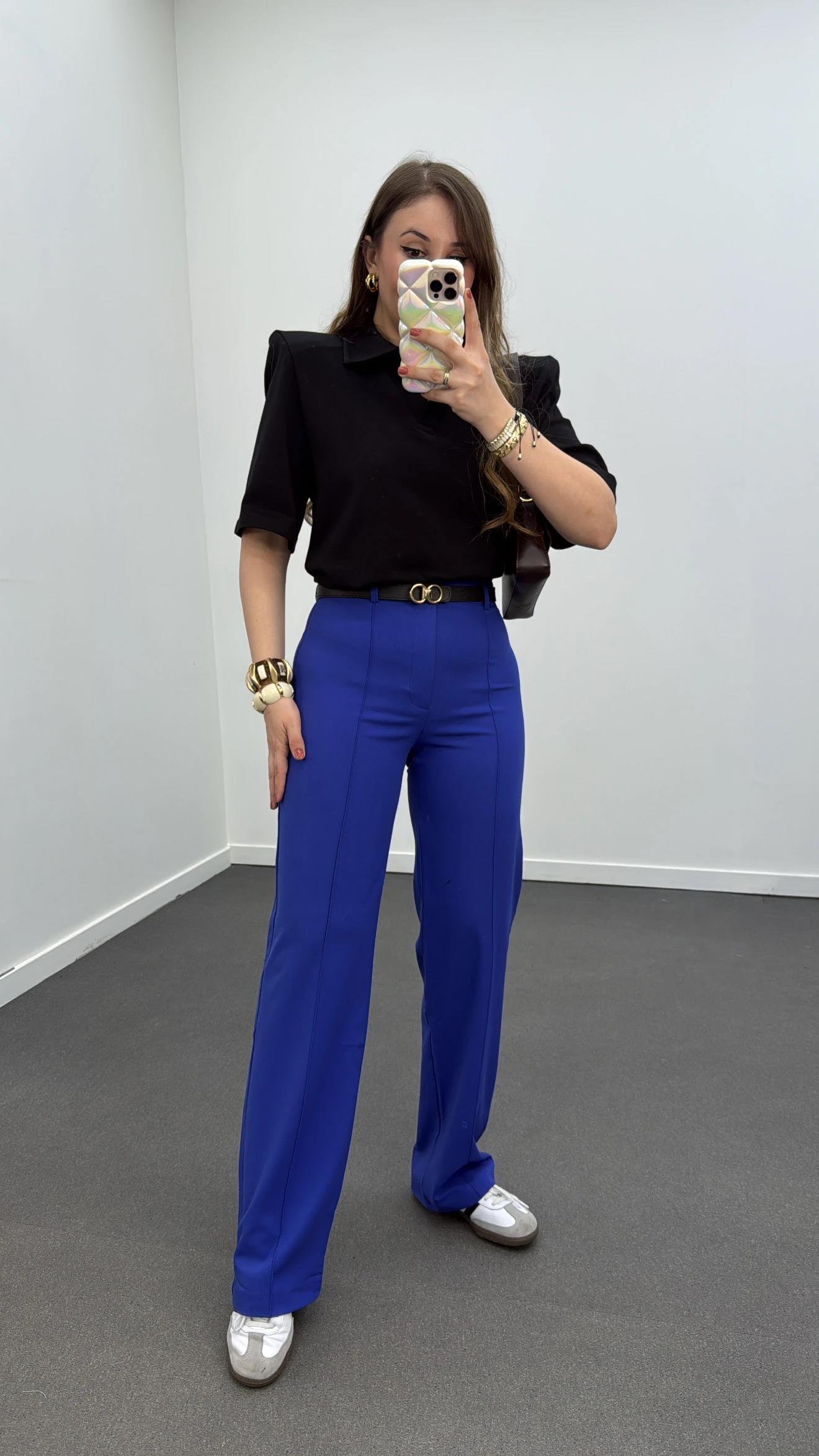 Meg Saks Mavi Nervür Dikişli Palazzo Kumaş Pantolon