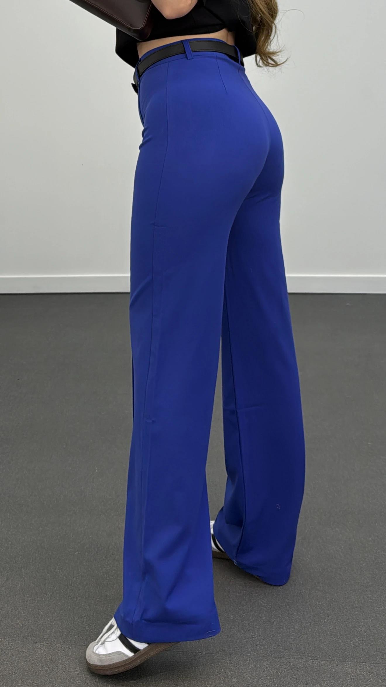 Meg Saks Mavi Nervür Dikişli Palazzo Kumaş Pantolon