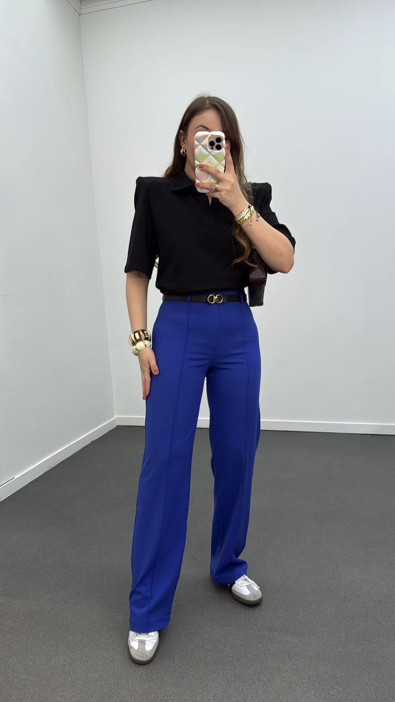 Meg Saks Mavi Nervür Dikişli Palazzo Kumaş Pantolon