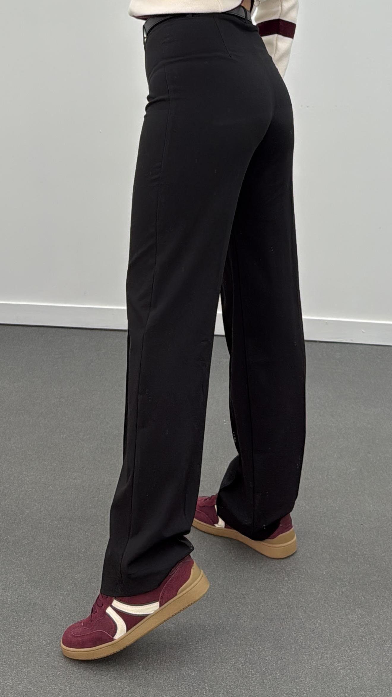 Meg Siyah Nervür Dikişli Palazzo Kumaş Pantolon