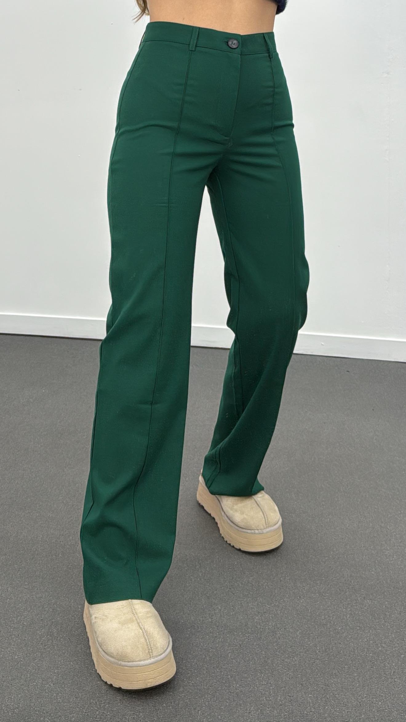 Meg Zümrüt Yeşil Nervür Dikişli Palazzo Pantolon