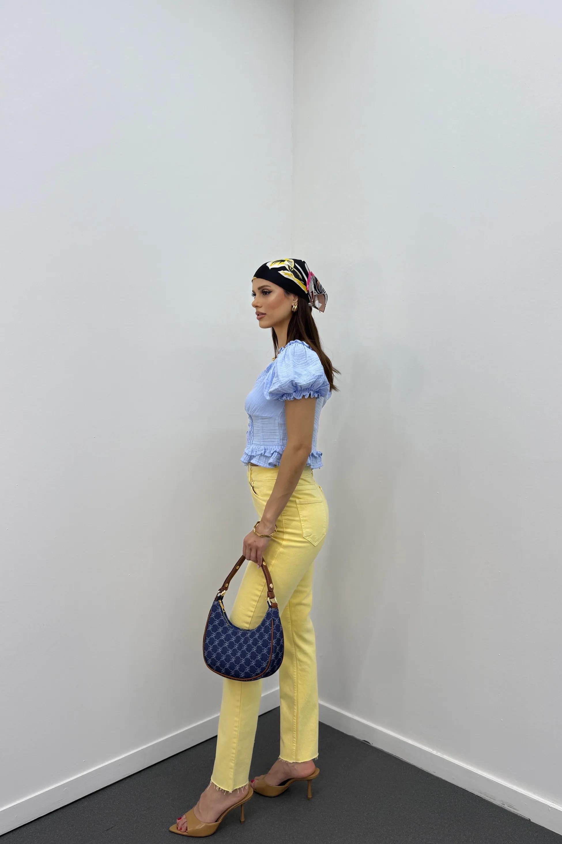 Mehsa Mavi Karpuz Kol Nervür Dikişli Fırfırlı Bluz