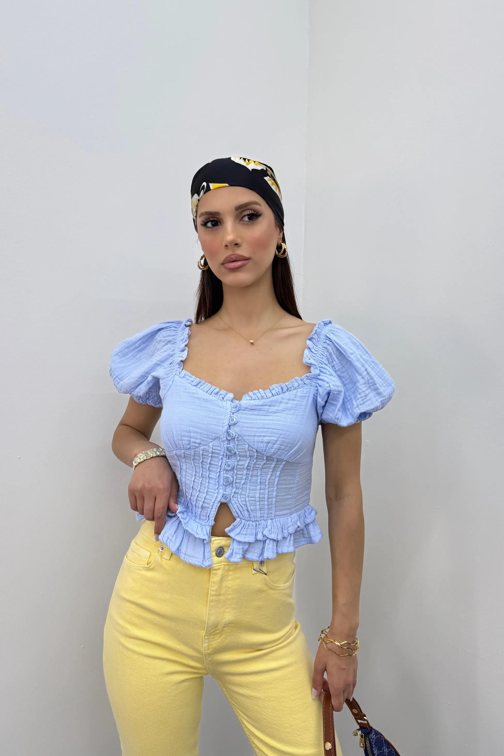 Mehsa Mavi Karpuz Kol Nervür Dikişli Fırfırlı Bluz