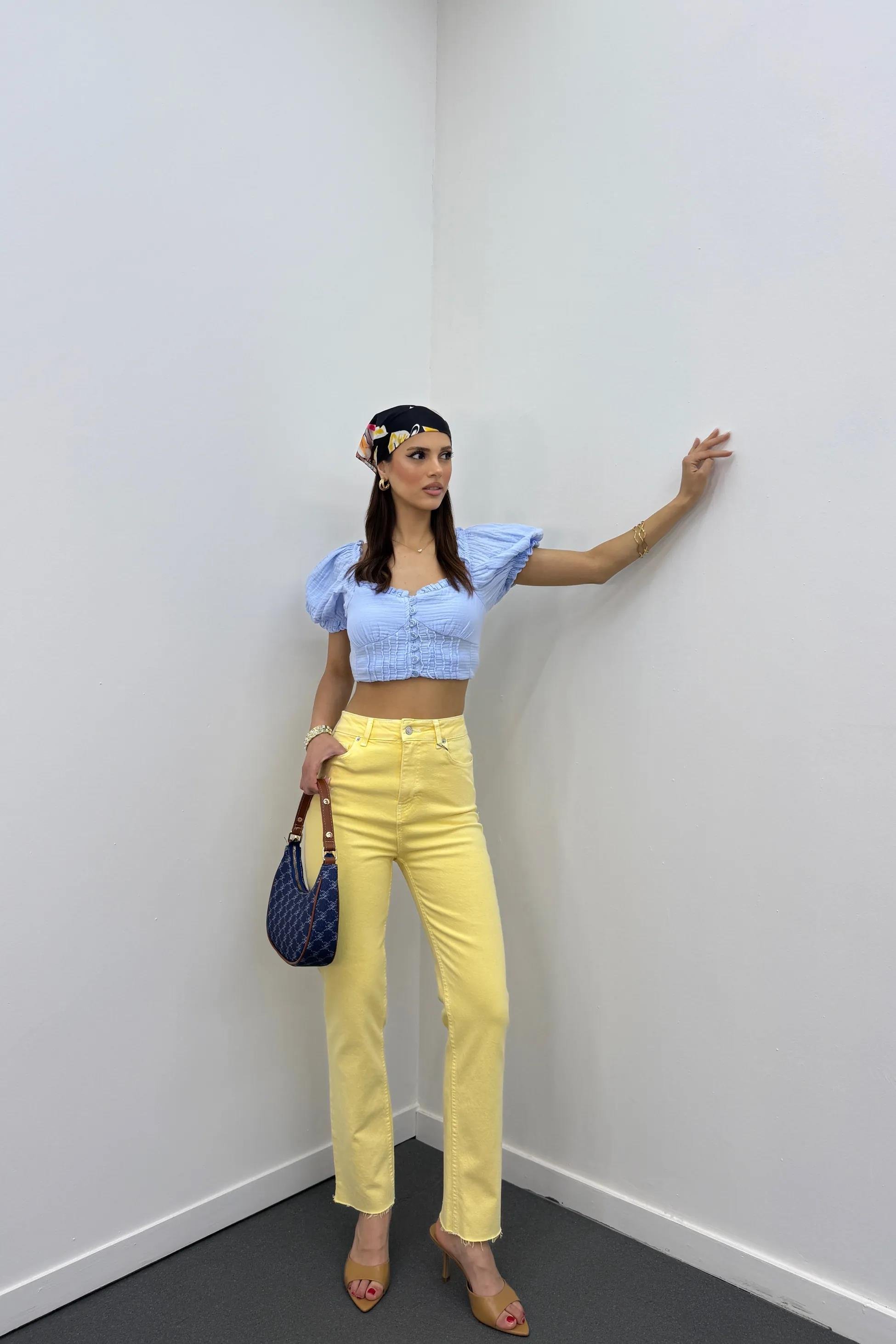 Mehsa Mavi Karpuz Kol Nervür Dikişli Fırfırlı Bluz