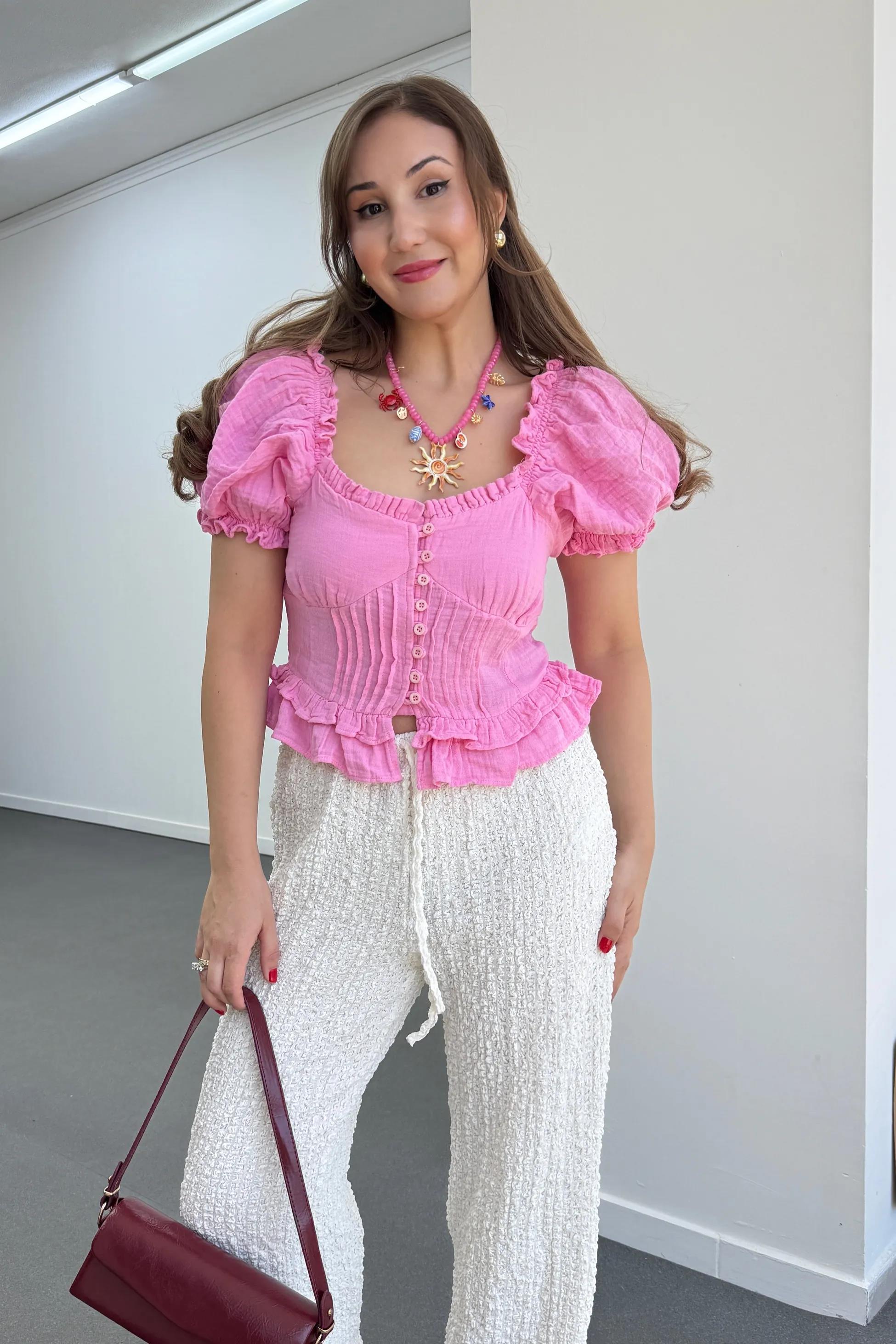 Mehsa Pembe Karpuz Kol Nervür Dikişli Fırfırlı Bluz