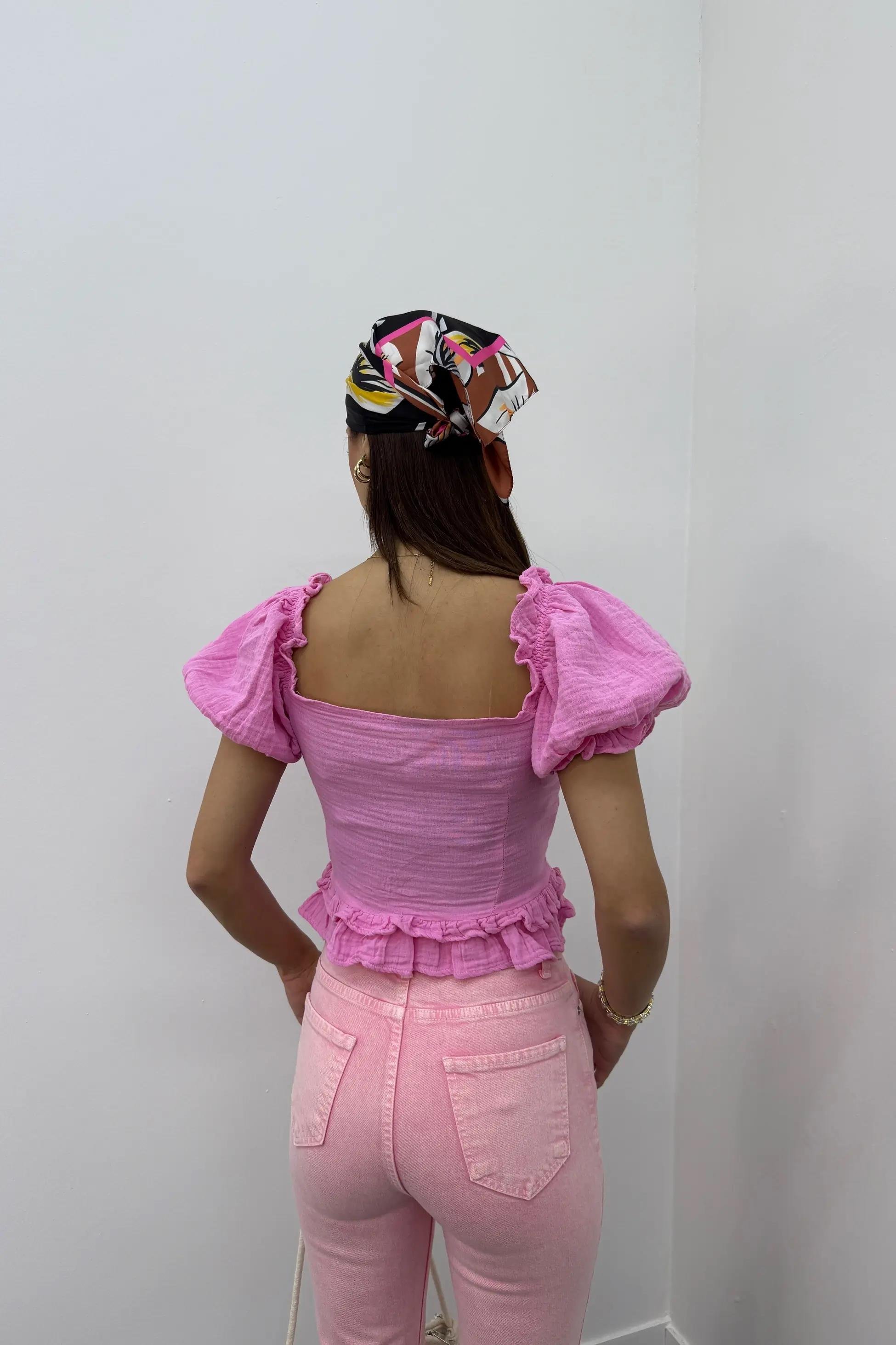 Mehsa Pembe Karpuz Kol Nervür Dikişli Fırfırlı Bluz