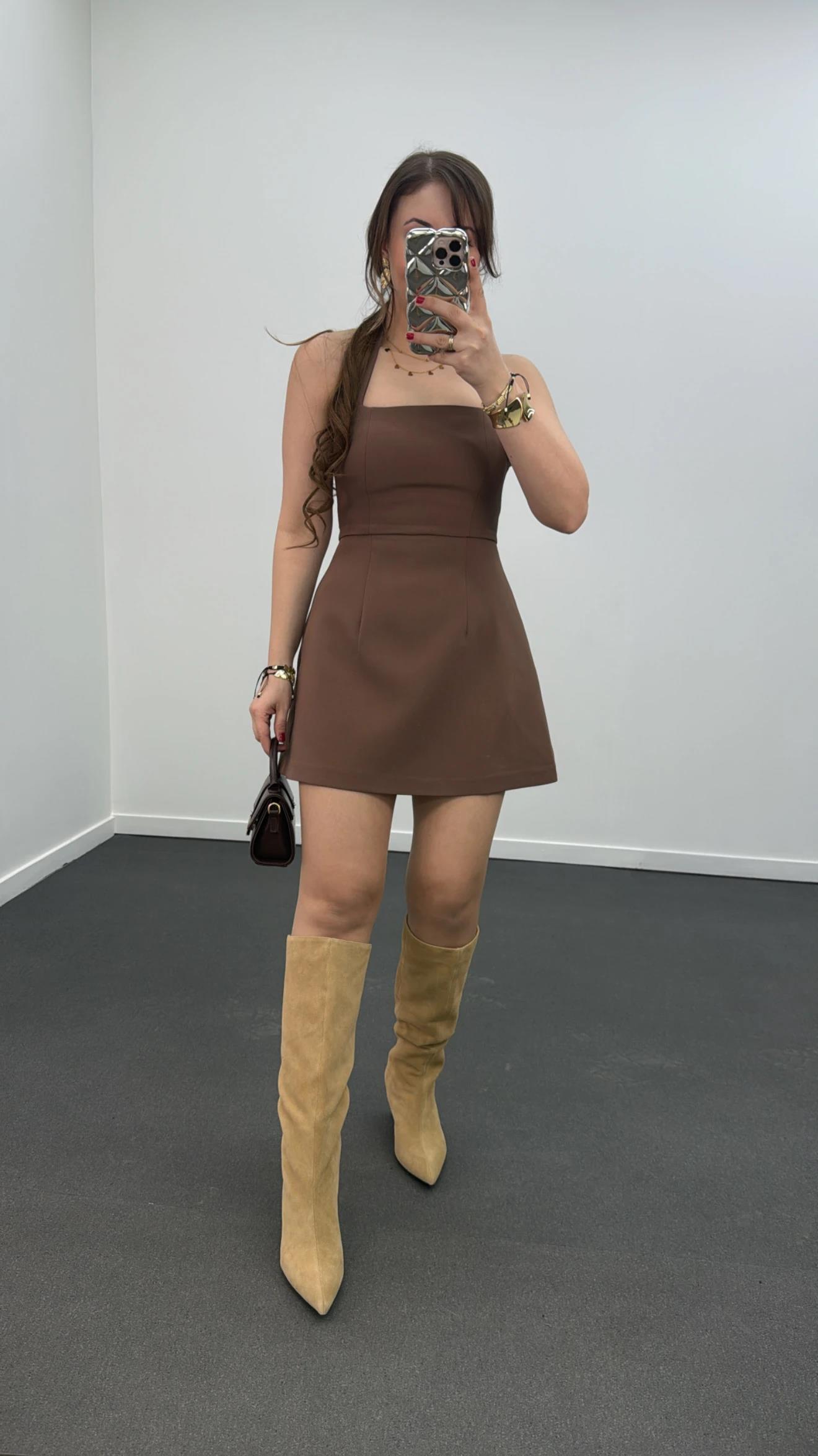 Menrie Kahve Kare Yaka Çan Elbise