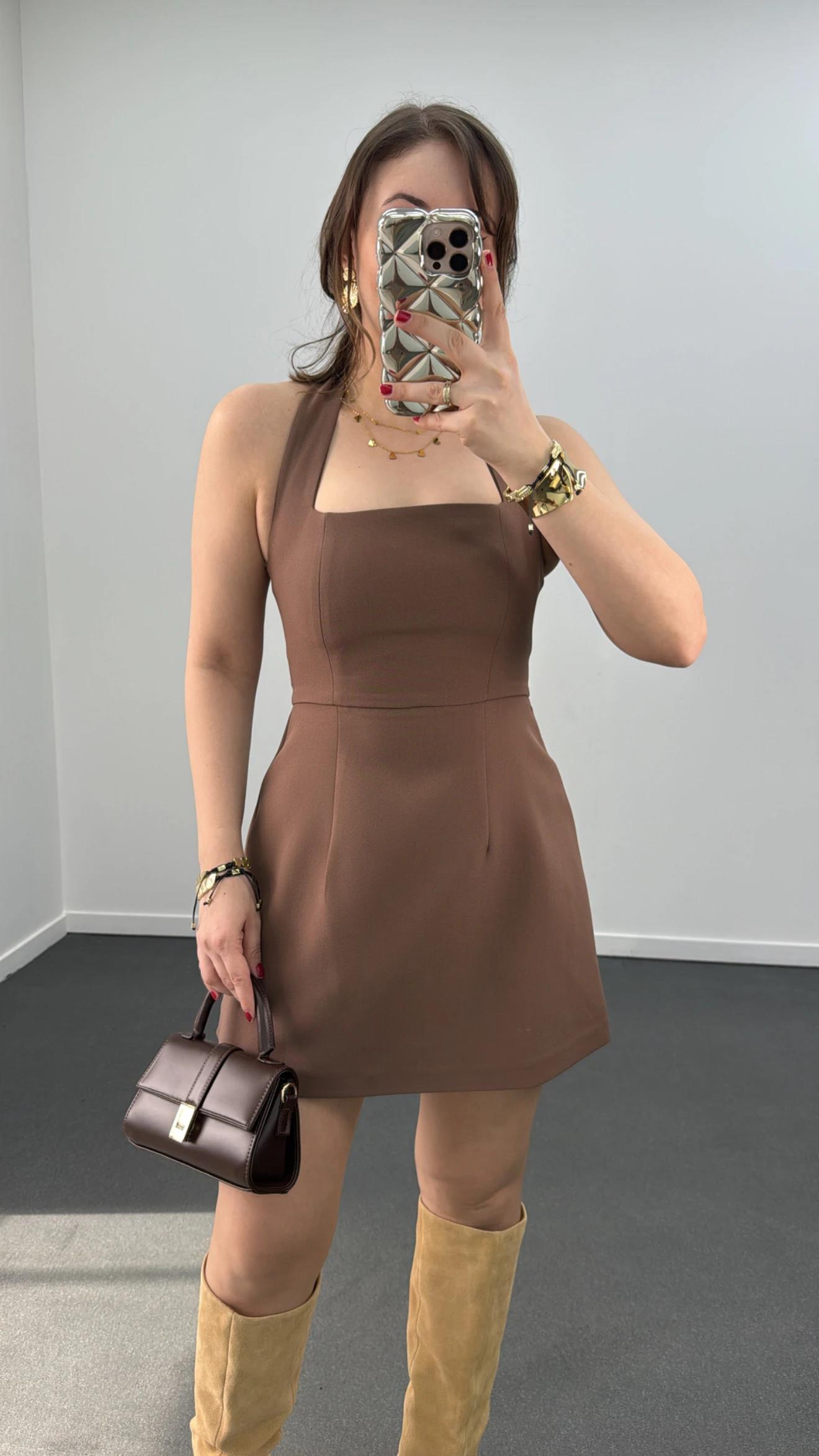 Menrie Kahve Kare Yaka Çan Elbise