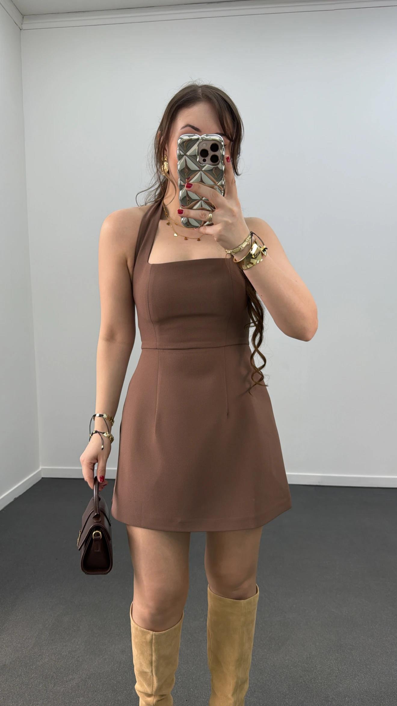 Menrie Kahve Kare Yaka Çan Elbise