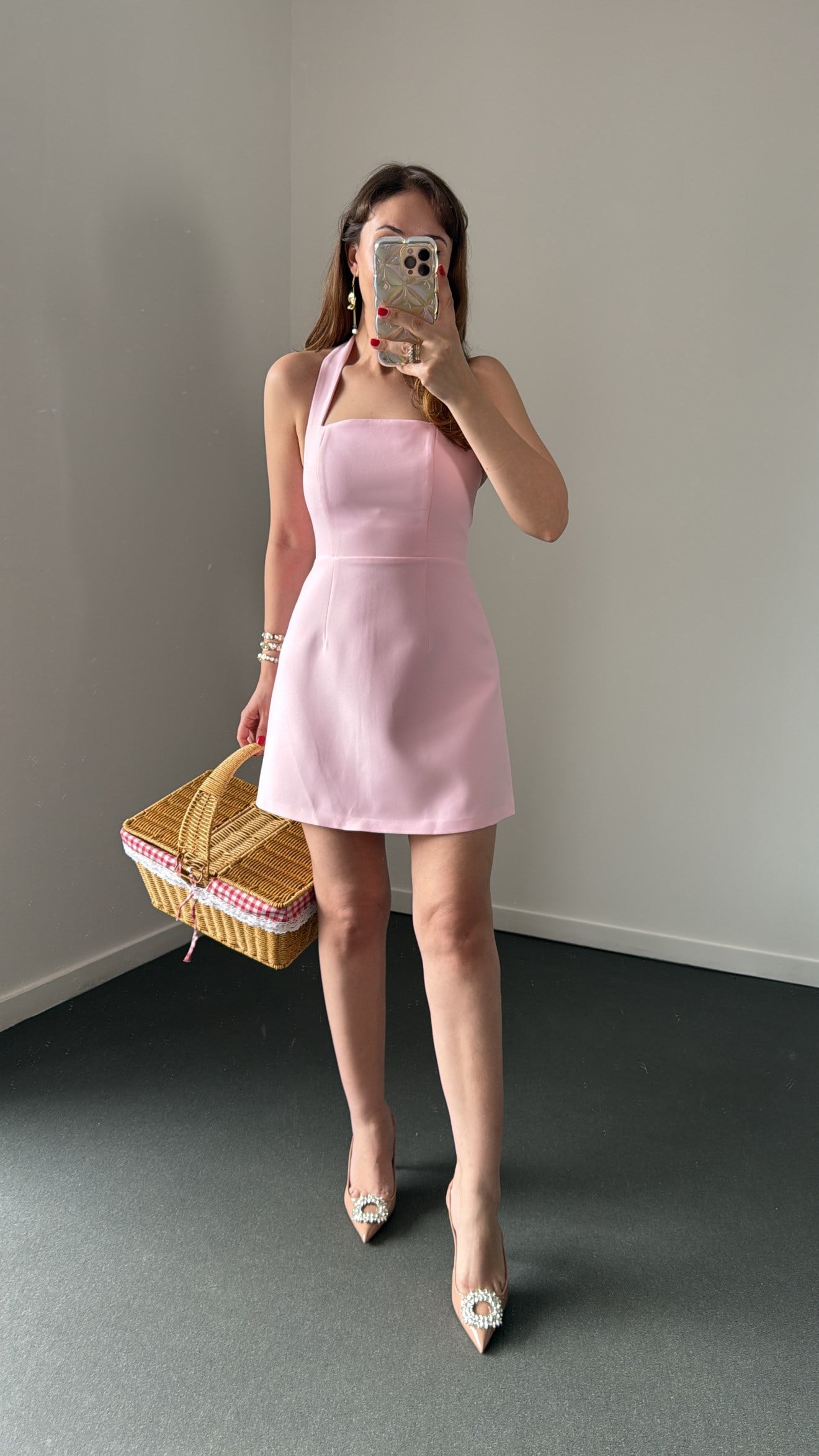 Menrie Pembe Kare Yaka Çan Elbise