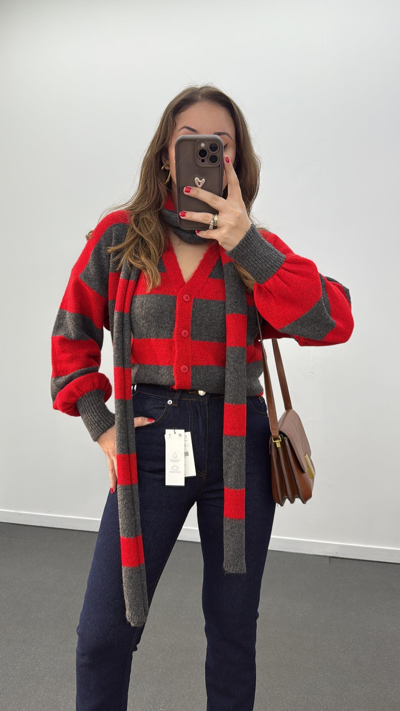 Meri Kırmızı Gri Atkı Ve Hırka Takımı