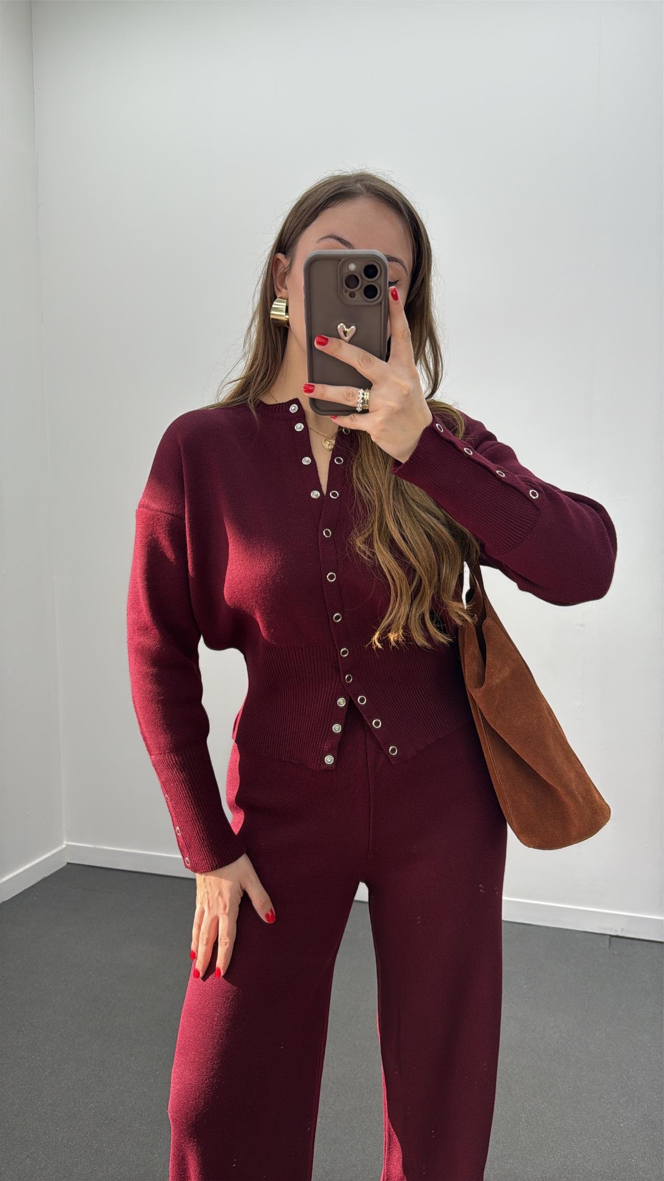 Merlin Bordo Çıtçıtlı Hırka Pantolon Takımı