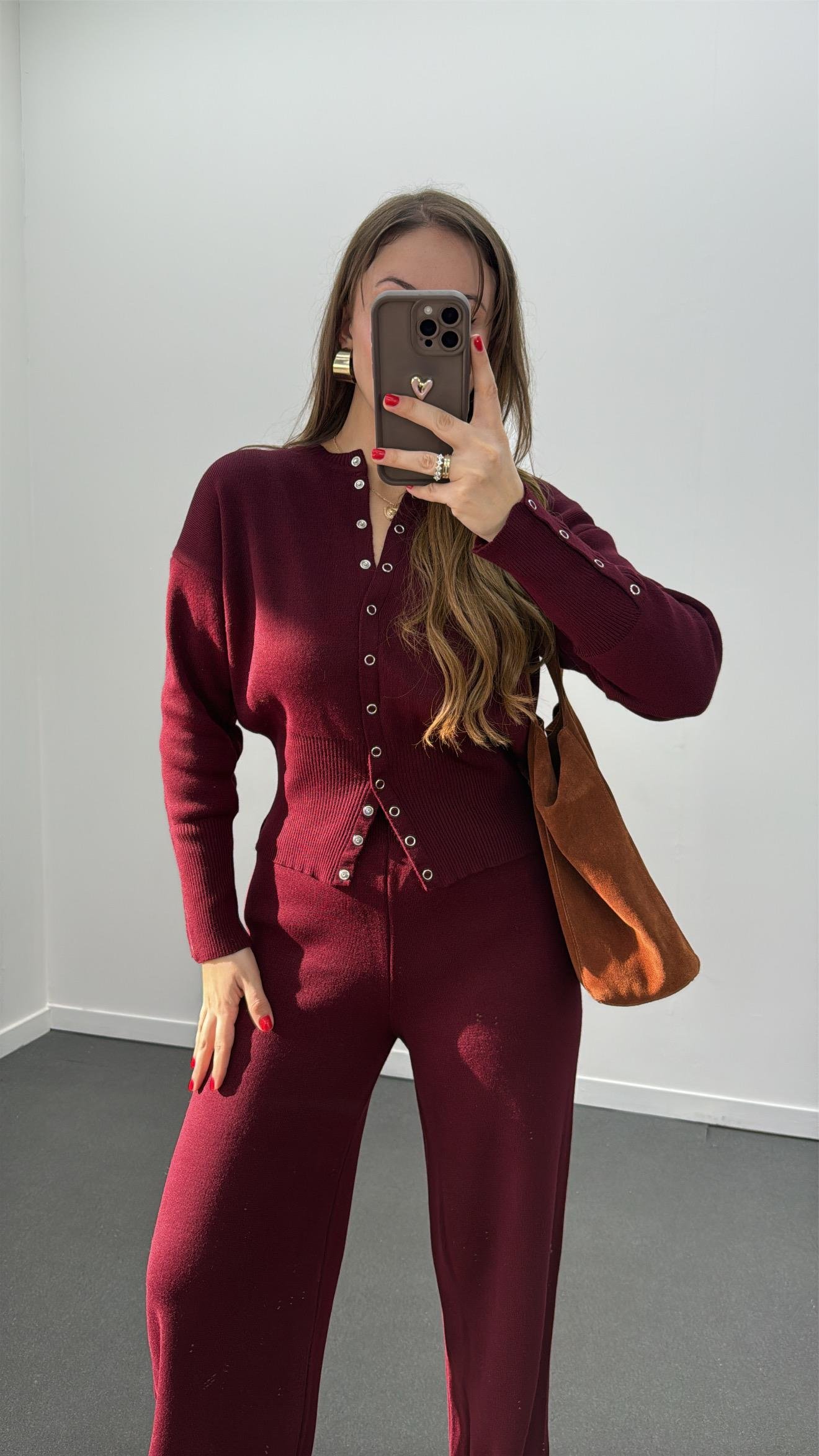 Merlin Bordo Çıtçıtlı Hırka Pantolon Takımı