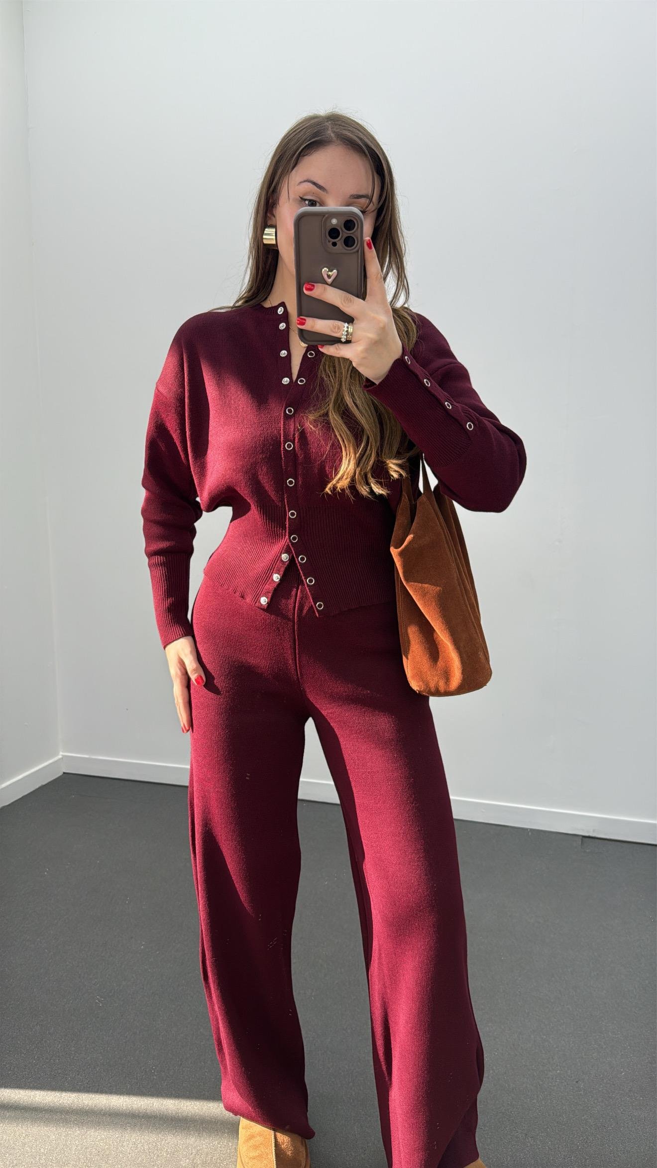 Merlin Bordo Çıtçıtlı Hırka Pantolon Takımı