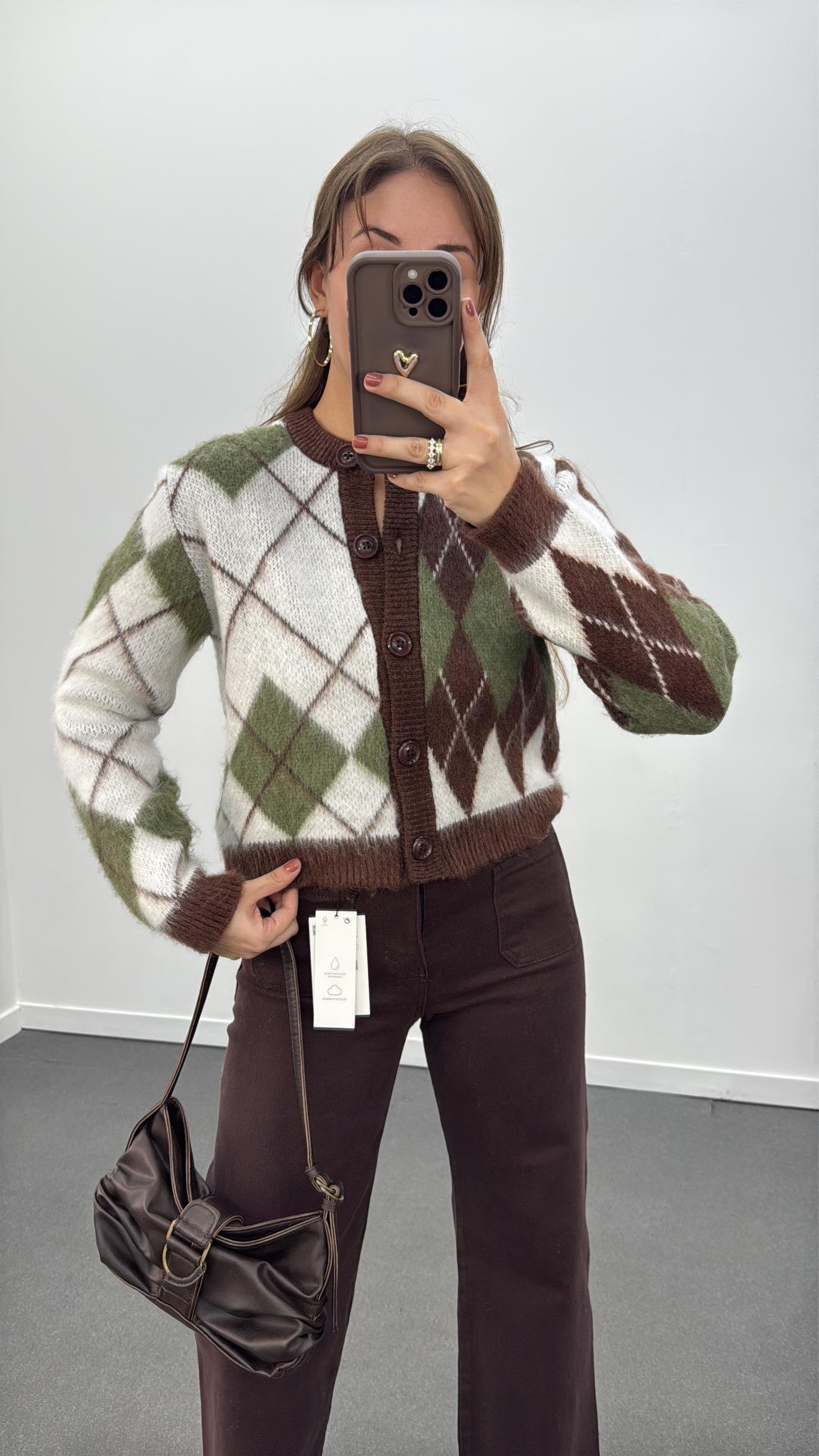 Mihri Kahve Yeşil Baklava Desenli Hırka