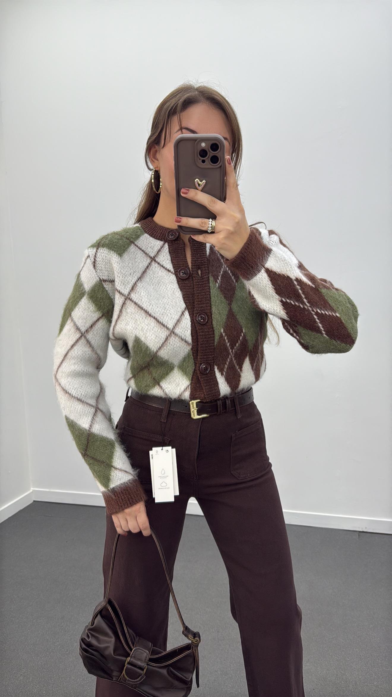 Mihri Kahve Yeşil Baklava Desenli Hırka