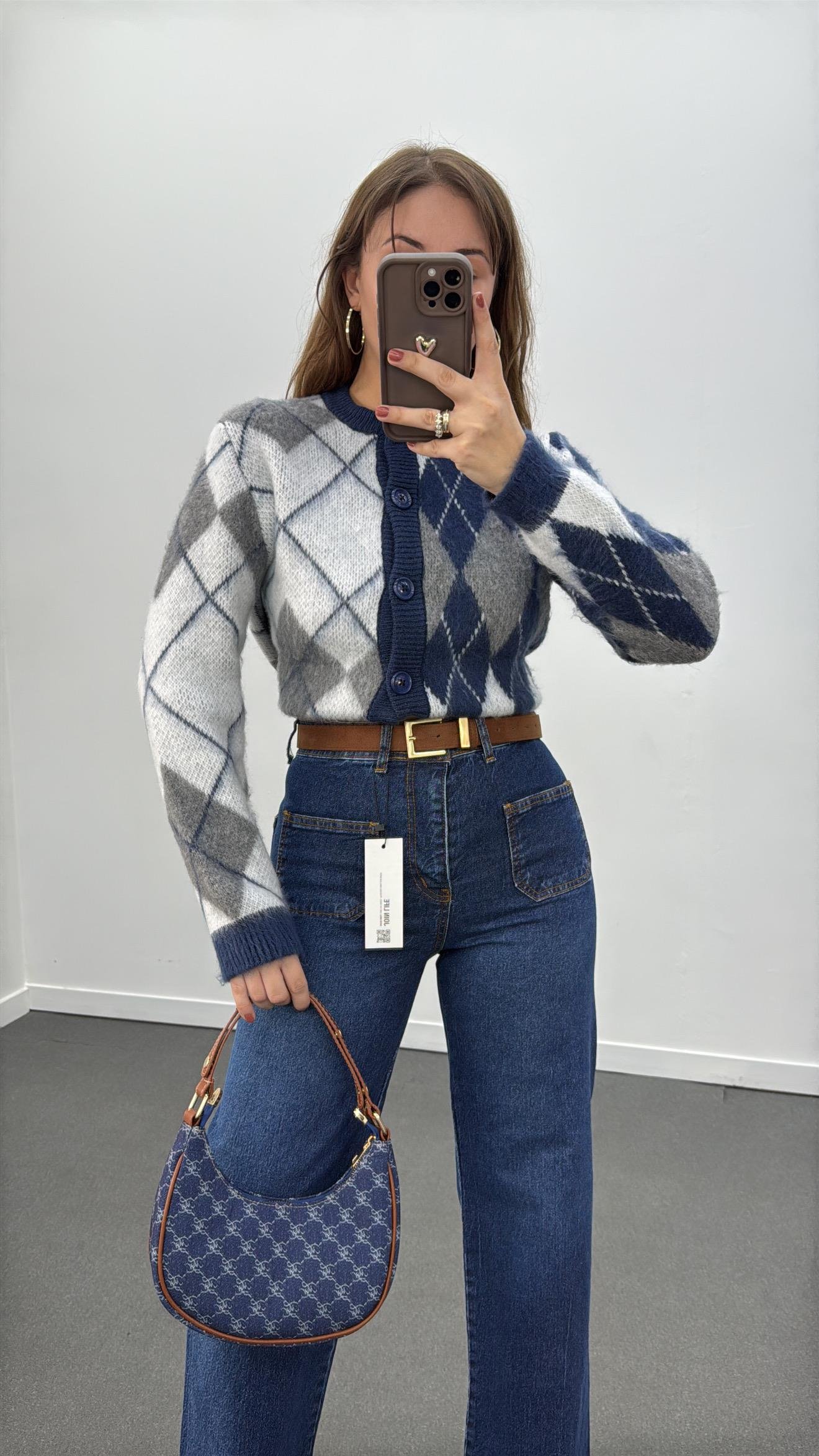 Mihri Mavi Gri Renk Baklava Desenli Hırka