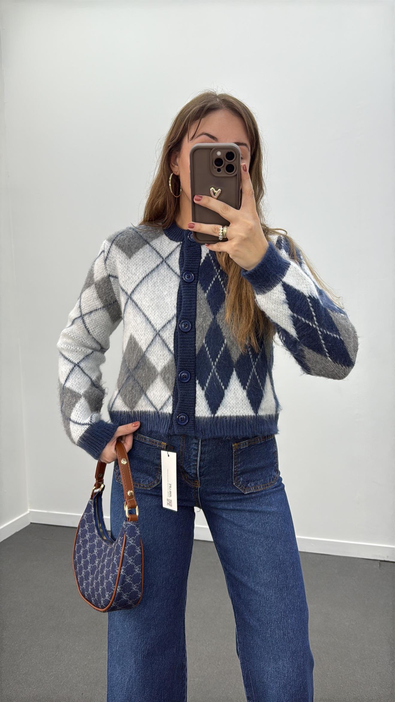 Mihri Mavi Gri Renk Baklava Desenli Hırka