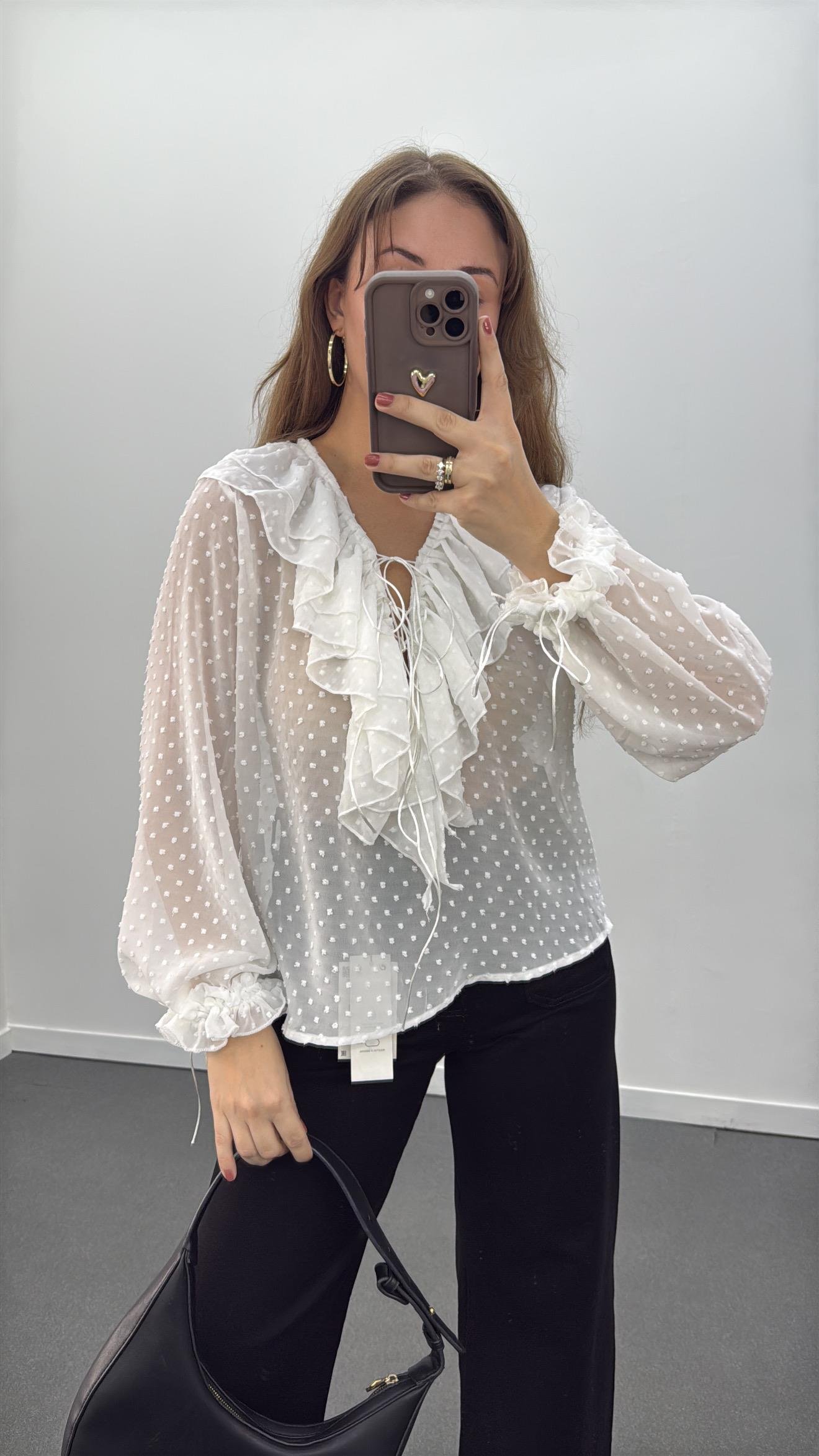 Mihver Beyaz Puantiyeli Romantik Bluz