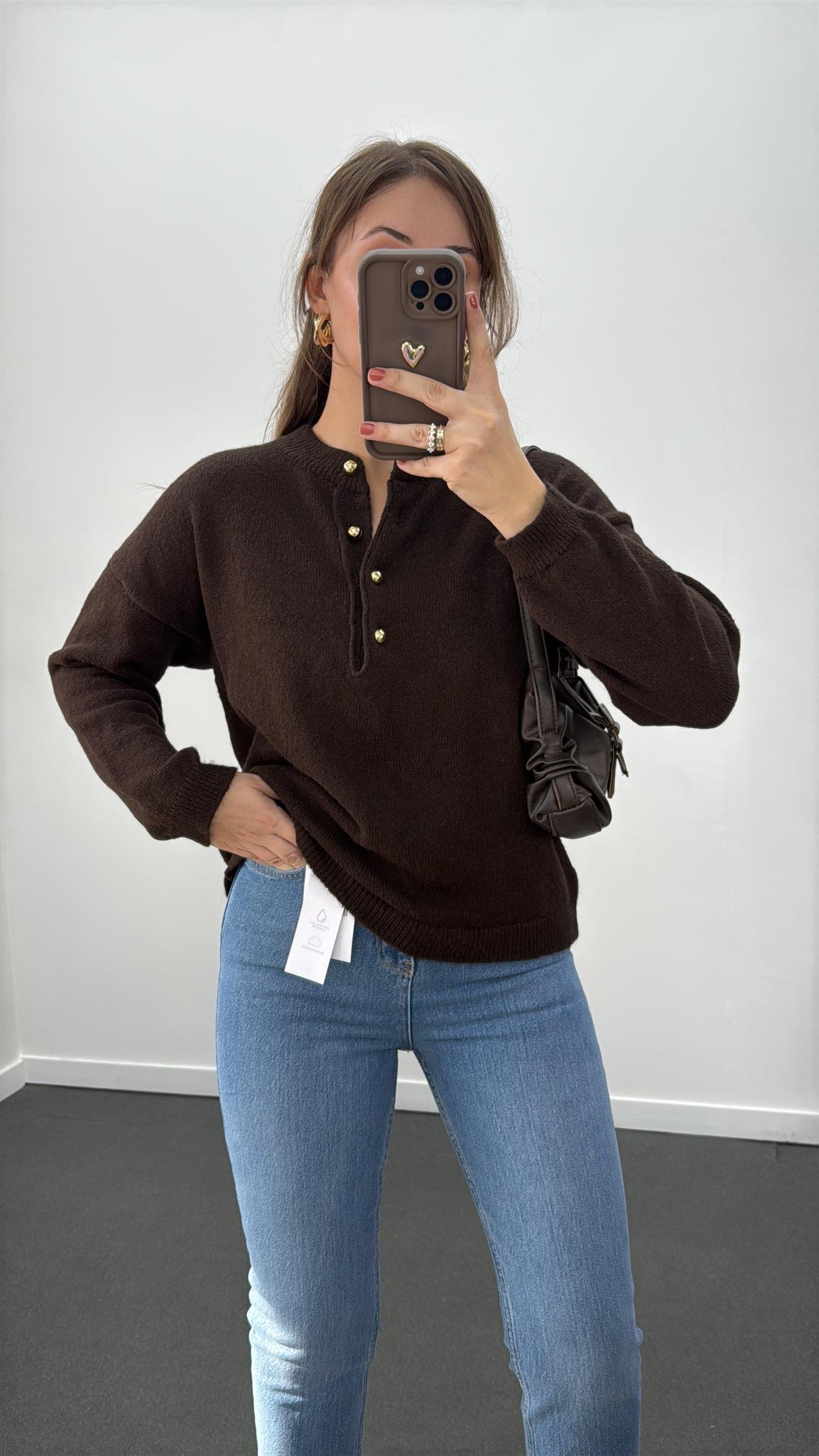 Miku Acı Kahve Gold Düğmeli Premium Triko