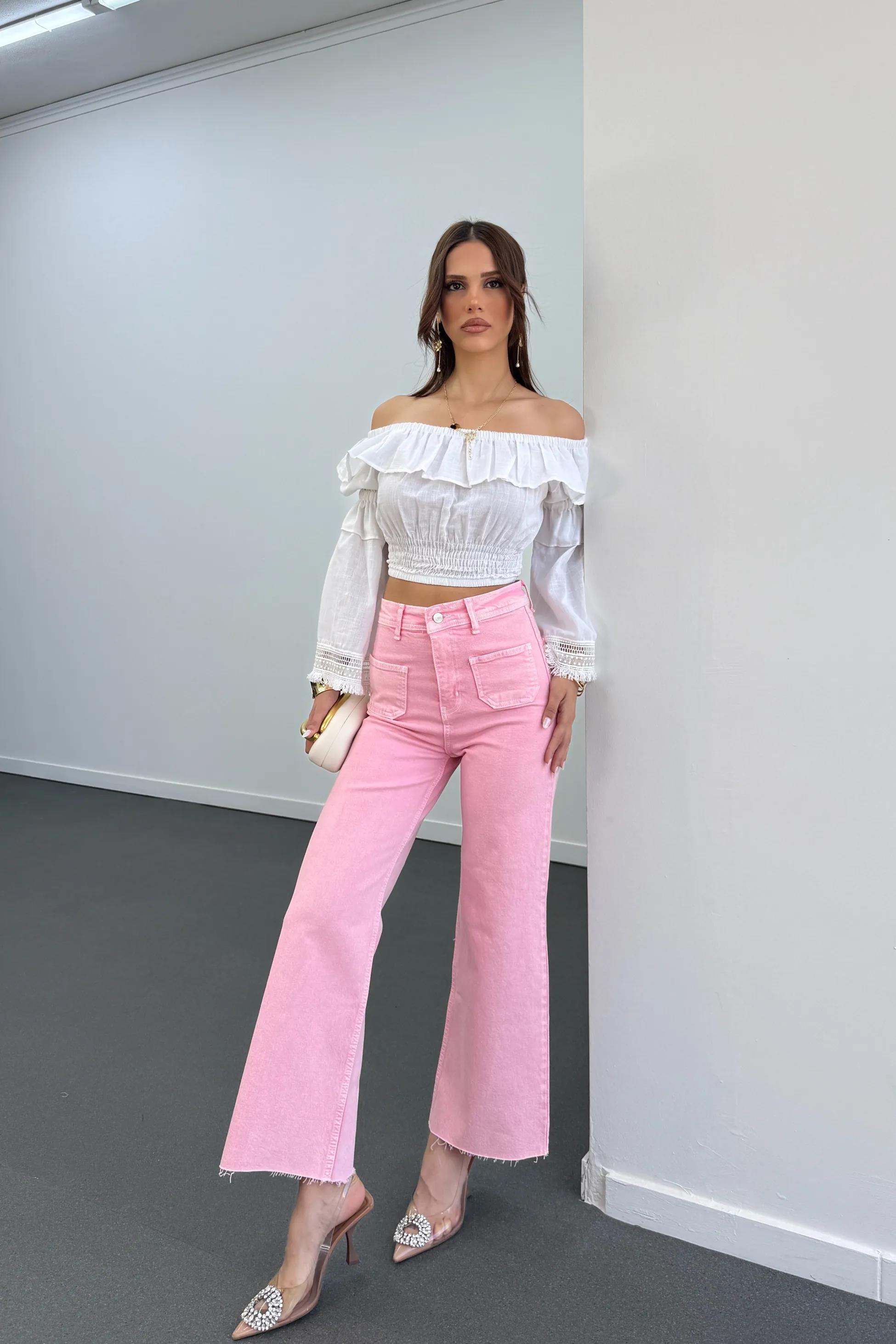 Milano Açık Pembe Cepli Yarım Flare Jeans