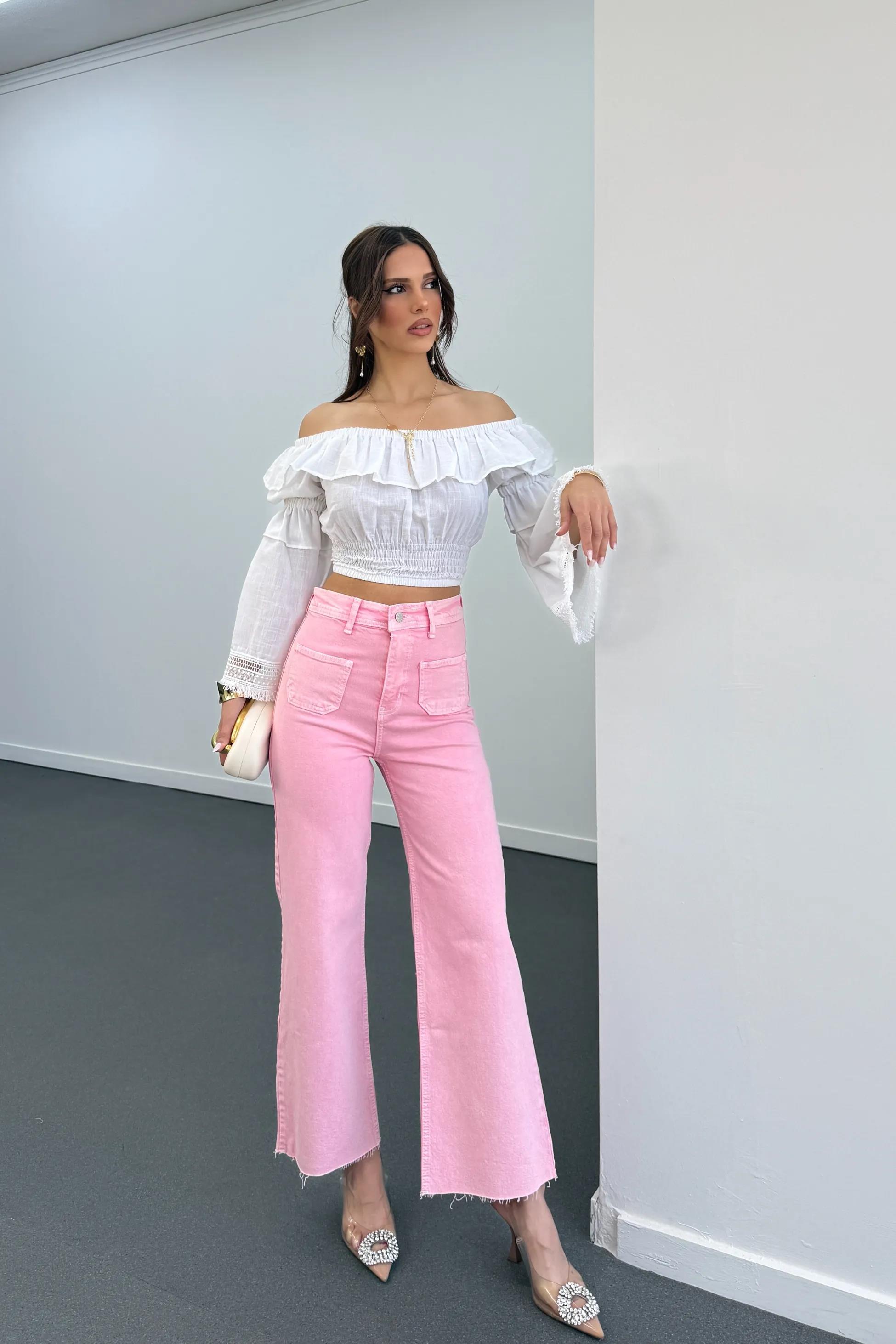 Milano Açık Pembe Cepli Yarım Flare Jeans
