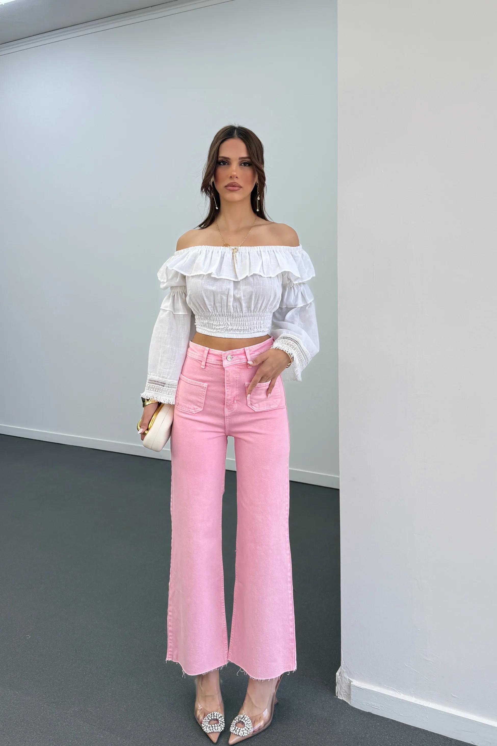 Milano Açık Pembe Cepli Yarım Flare Jeans