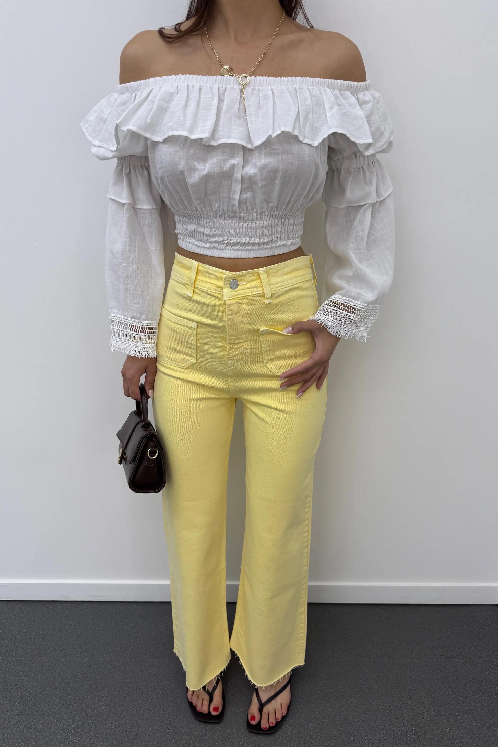 Milano Açık Sarı Cepli Yarım Flare Jeans
