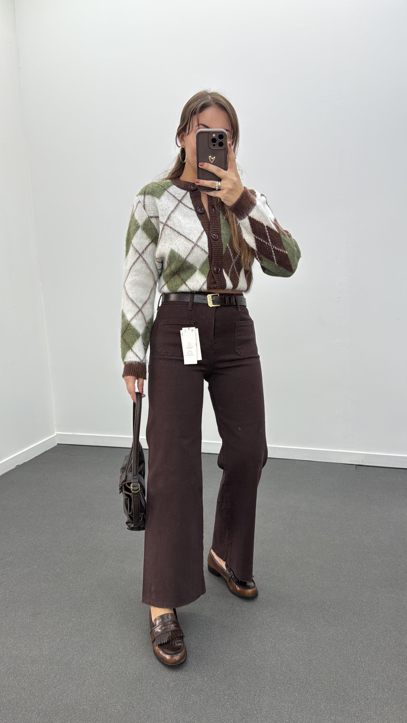 Milano Kahve Cepli Yarım Flare Jeans