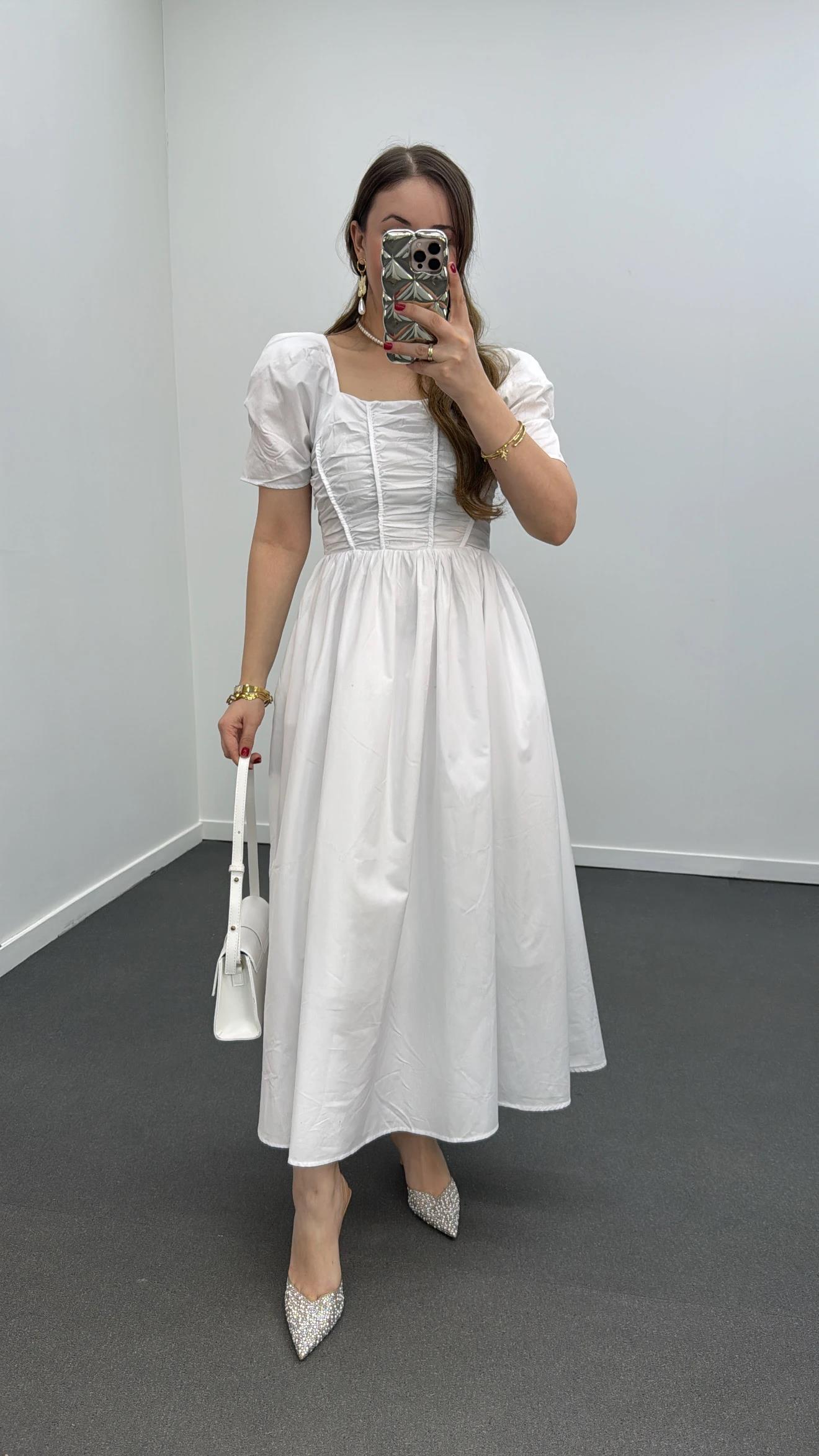 Milas Beyaz Gipeli Balon Kol Midi Elbise