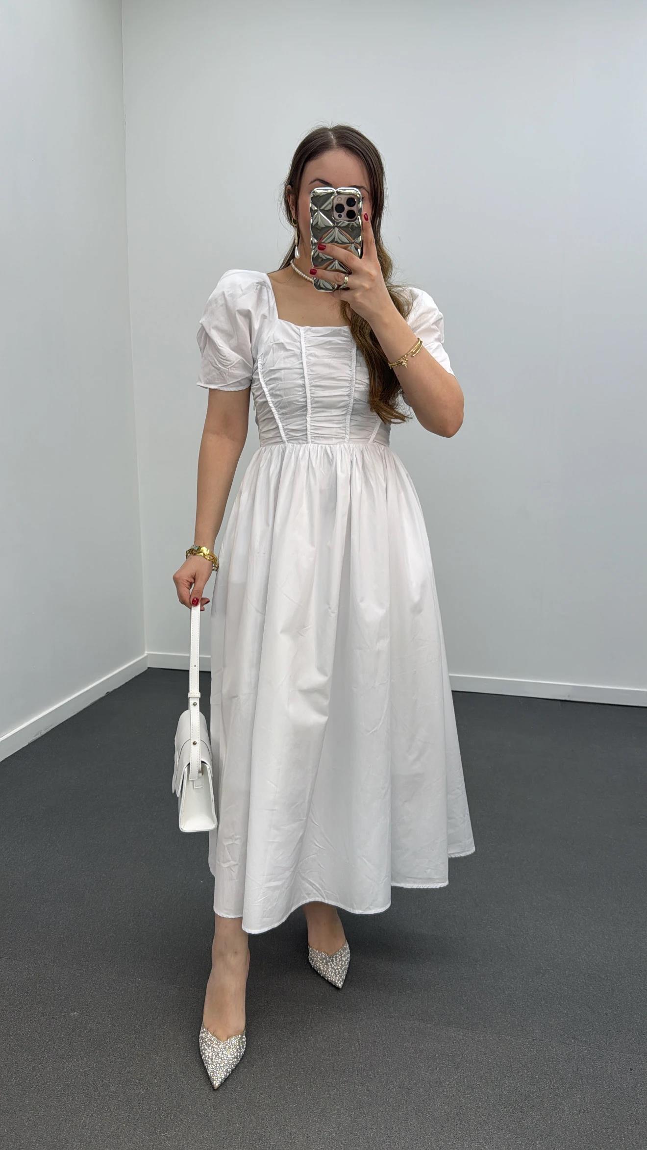 Milas Beyaz Gipeli Balon Kol Midi Elbise