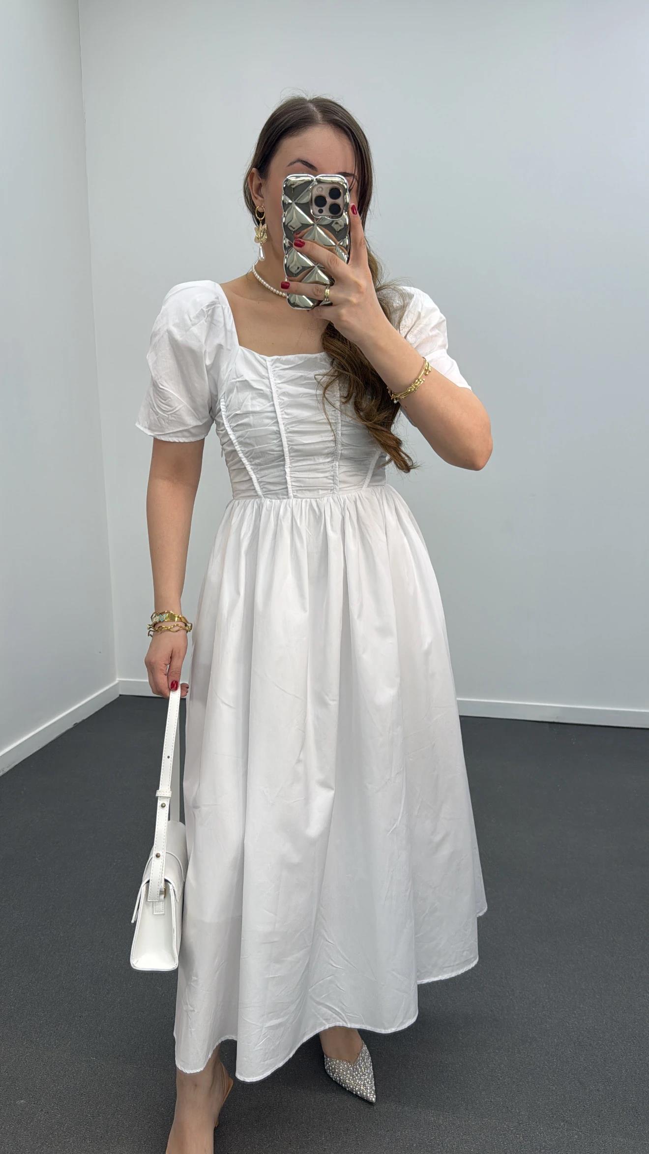 Milas Beyaz Gipeli Balon Kol Midi Elbise