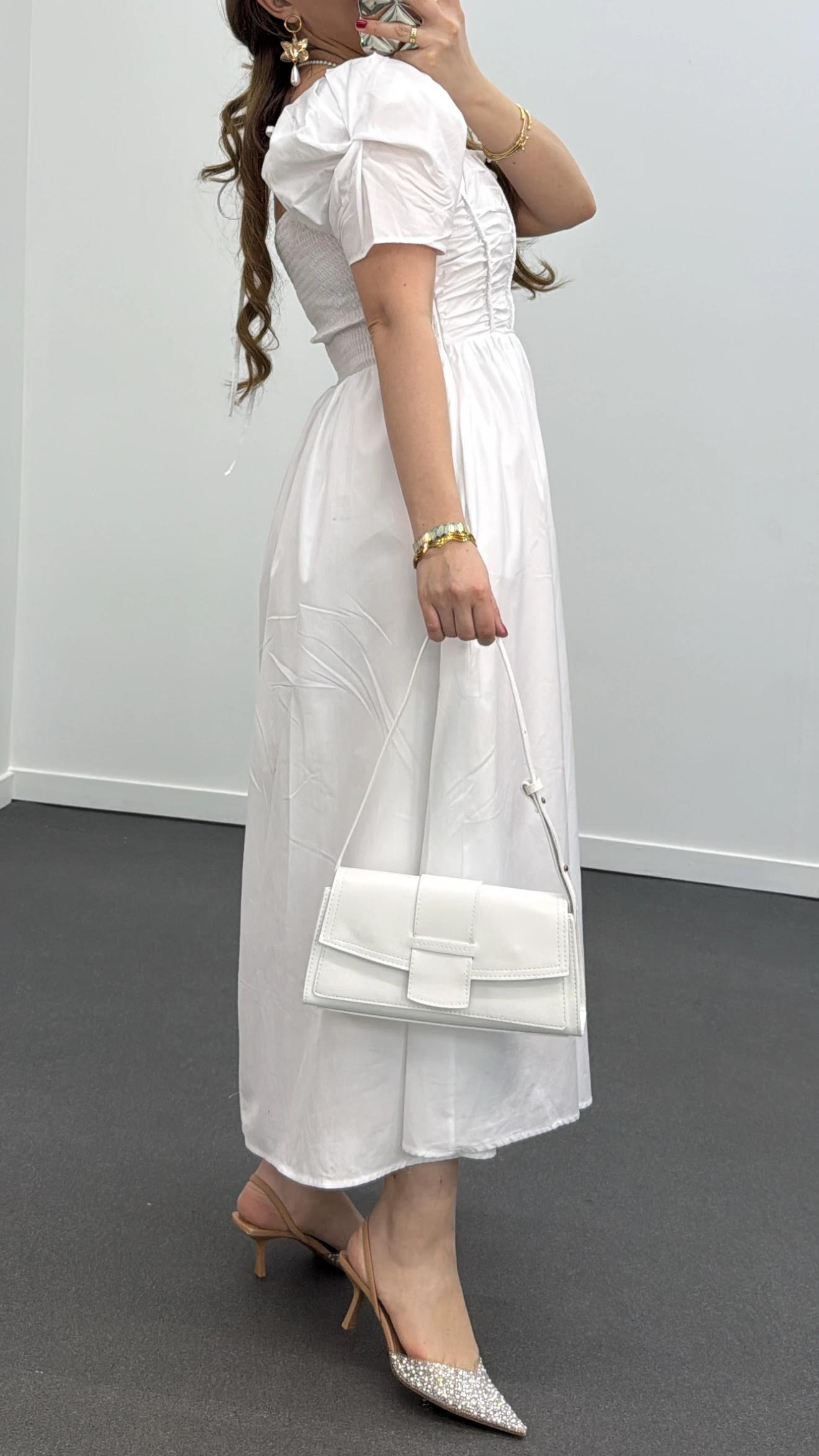 Milas Beyaz Gipeli Balon Kol Midi Elbise