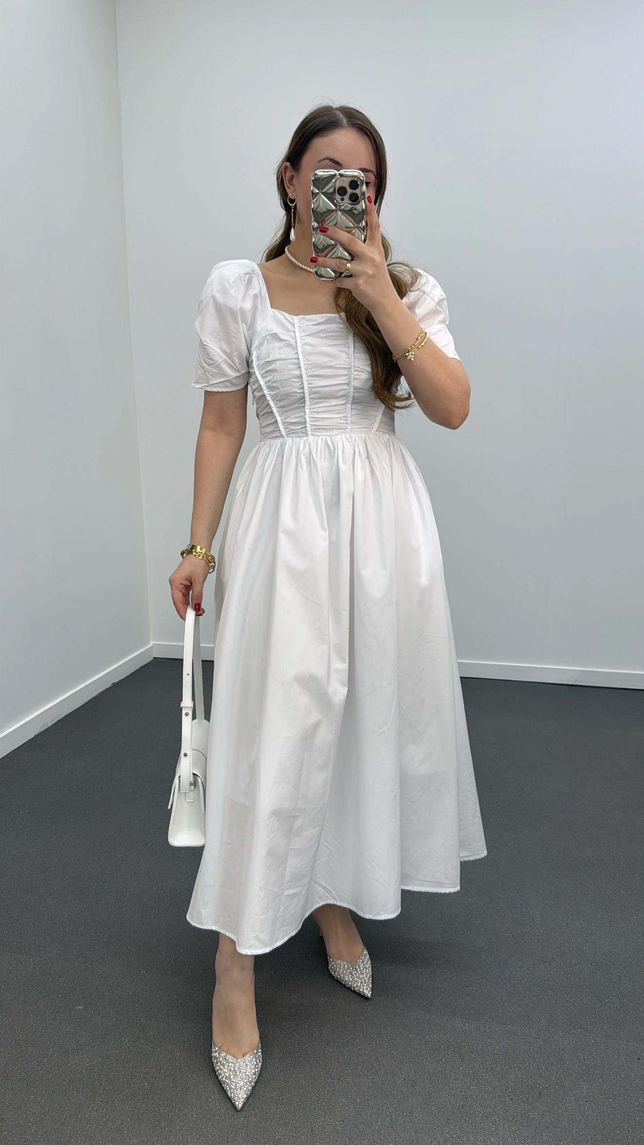 Milas Beyaz Gipeli Balon Kol Midi Elbise