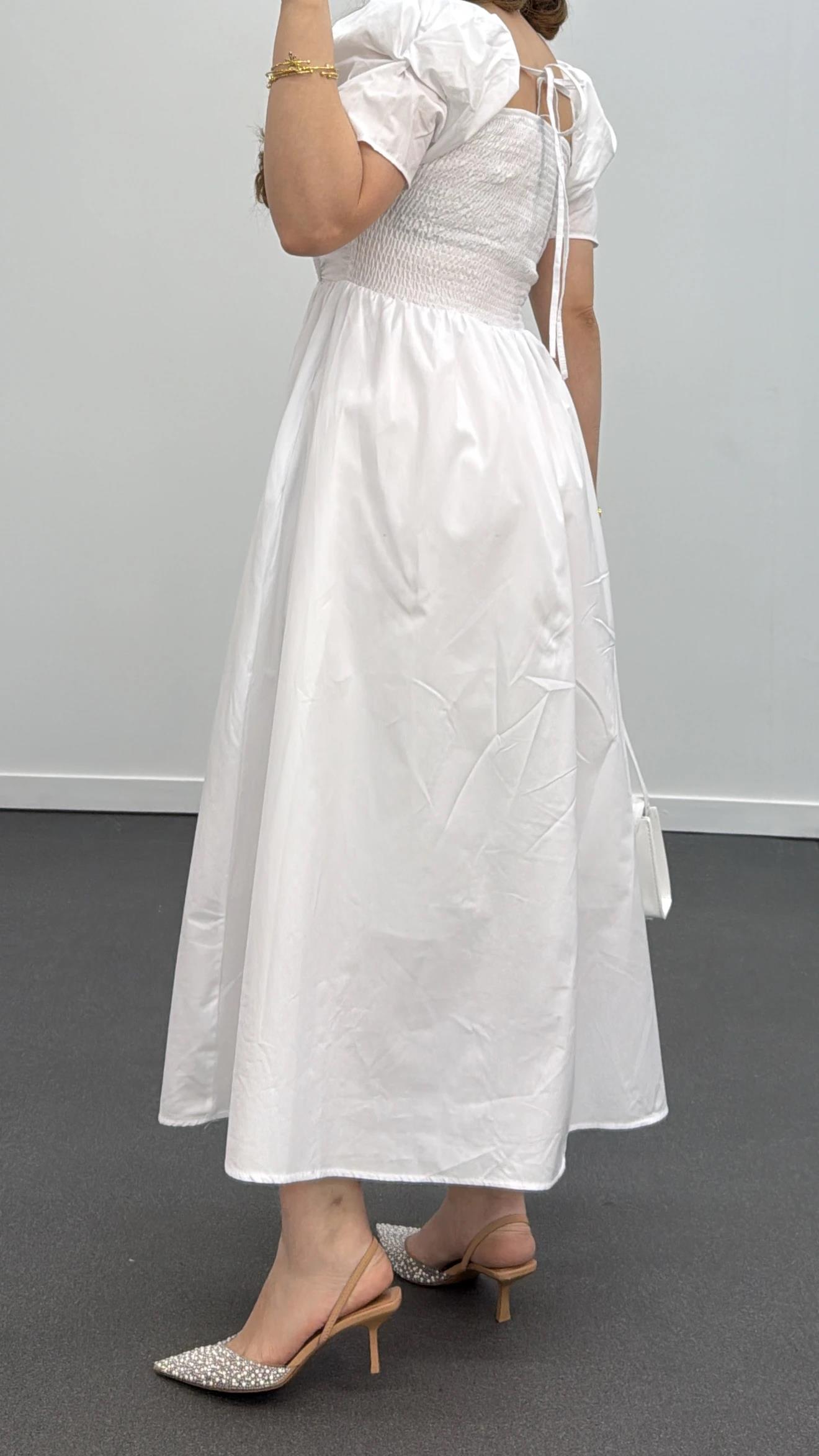 Milas Beyaz Gipeli Balon Kol Midi Elbise